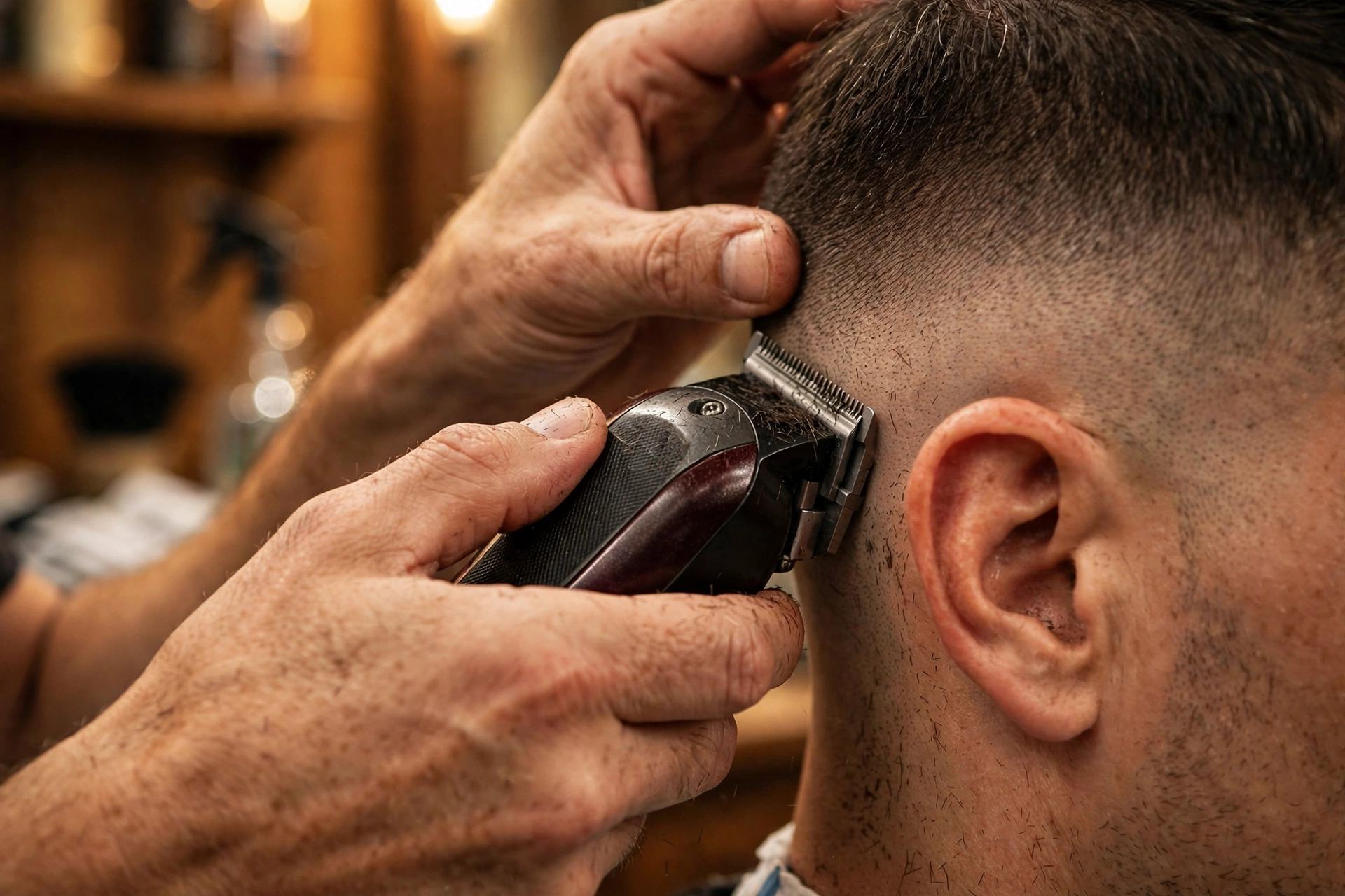 Barber blending a skin fade with clippers