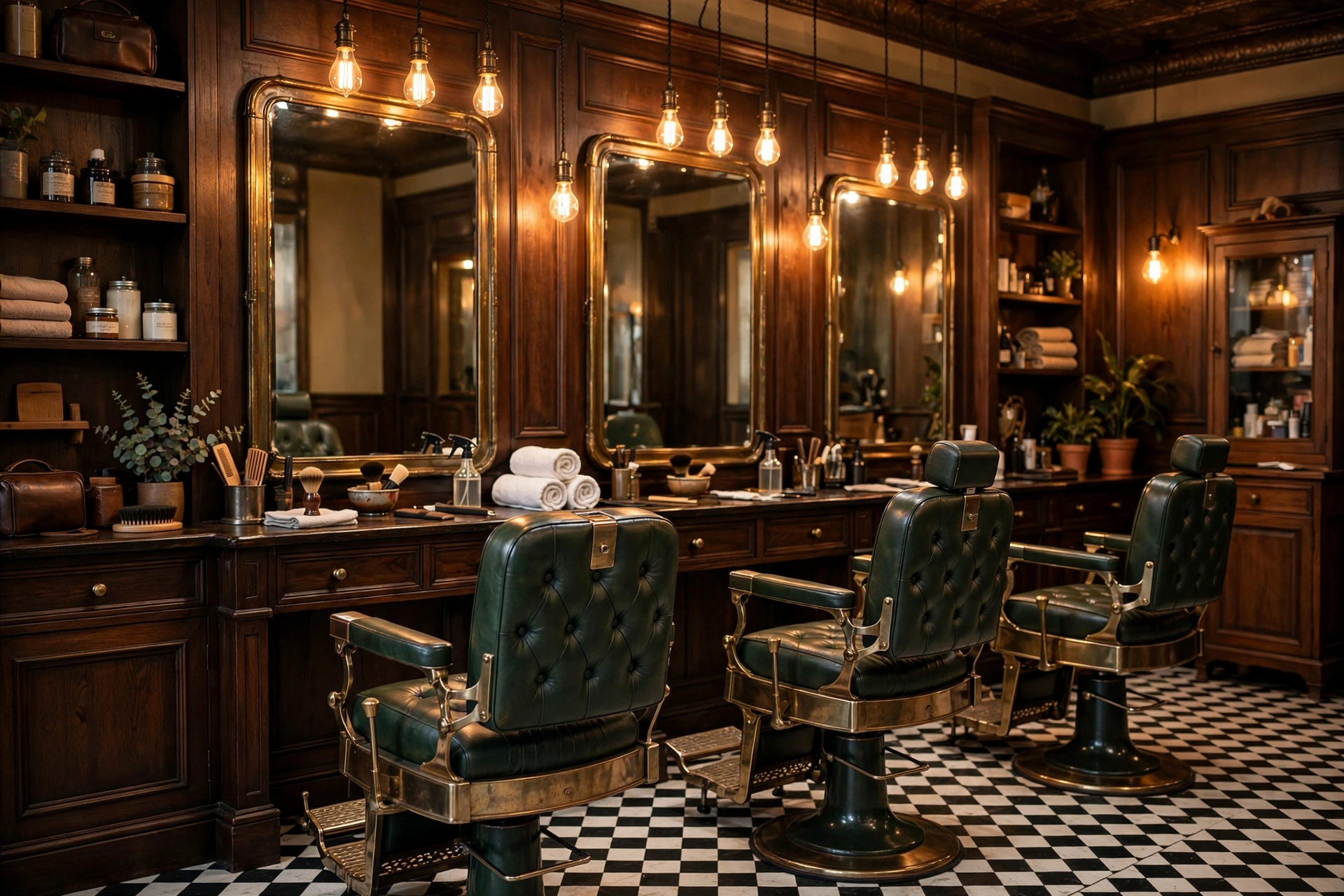 Inside The Copper Comb barbershop: leather chairs, brass mirrors and warm Edison lighting