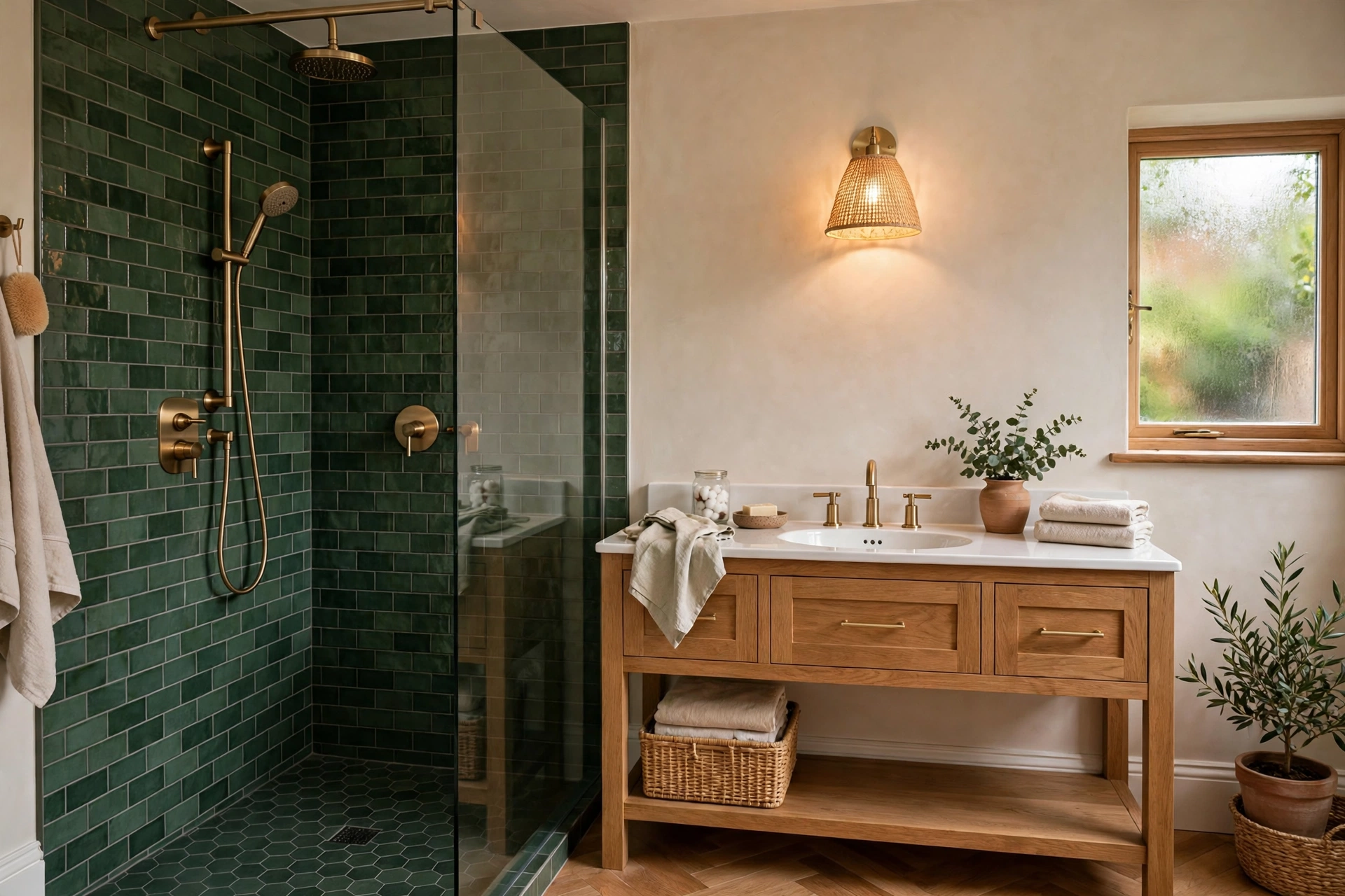 Newly fitted bathroom with green tiled walk-in shower, brass fittings and oak vanity
