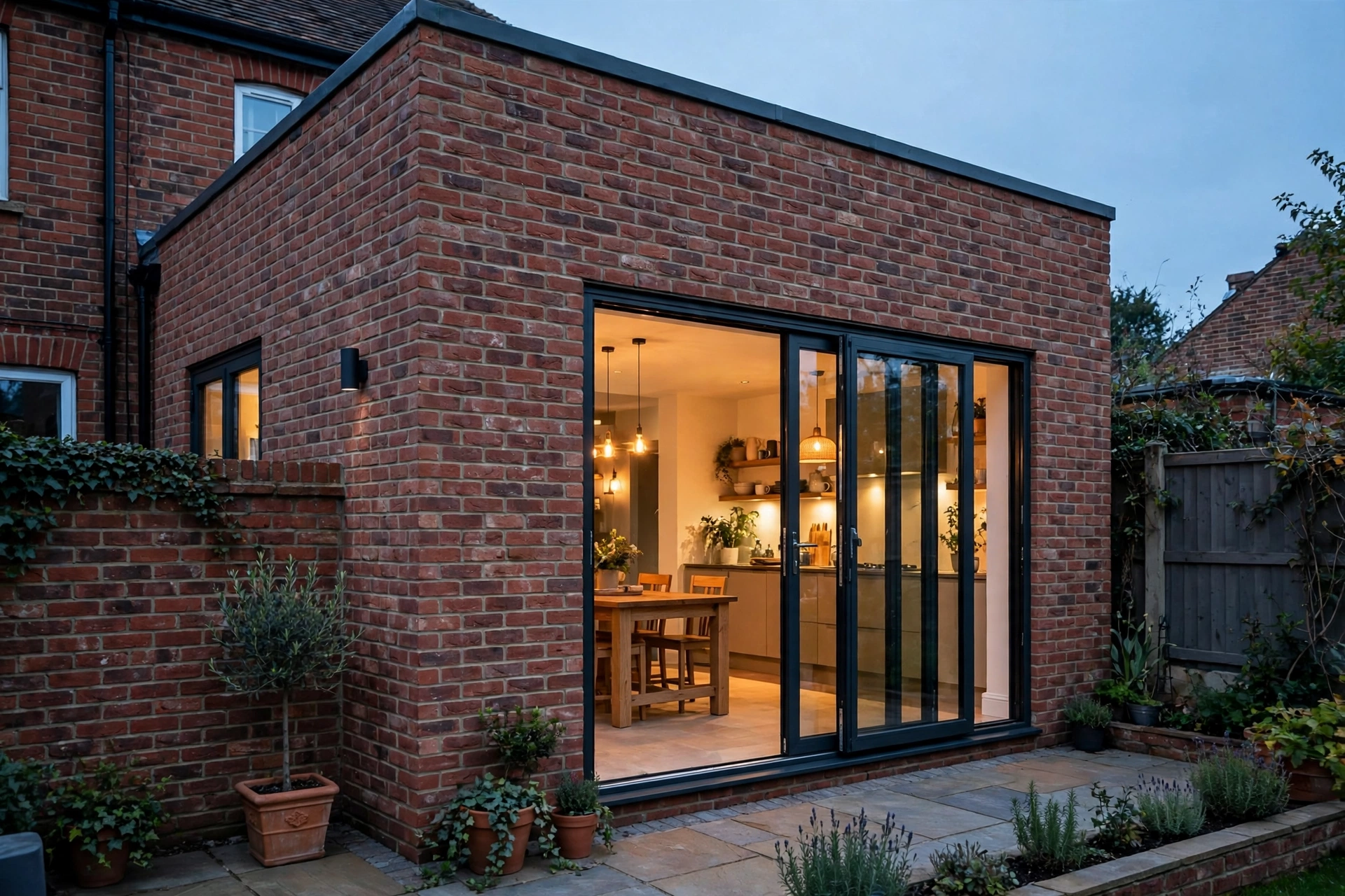Finished brick rear extension with black-framed glass doors opening onto a small garden at dusk
