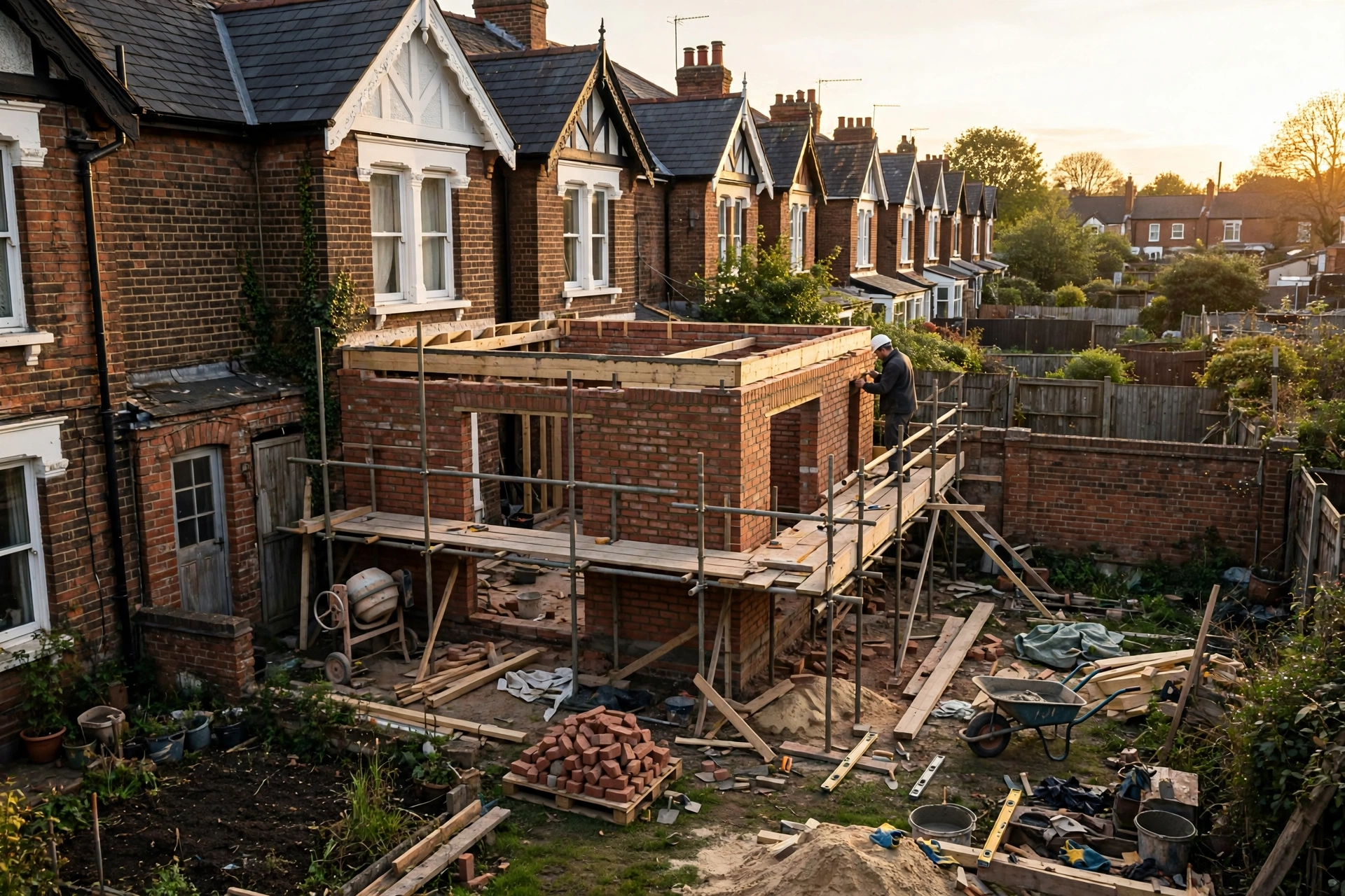 Rear extension under construction on a Victorian terraced street at golden hour: brickwork rising, scaffolding up, builder on the platform