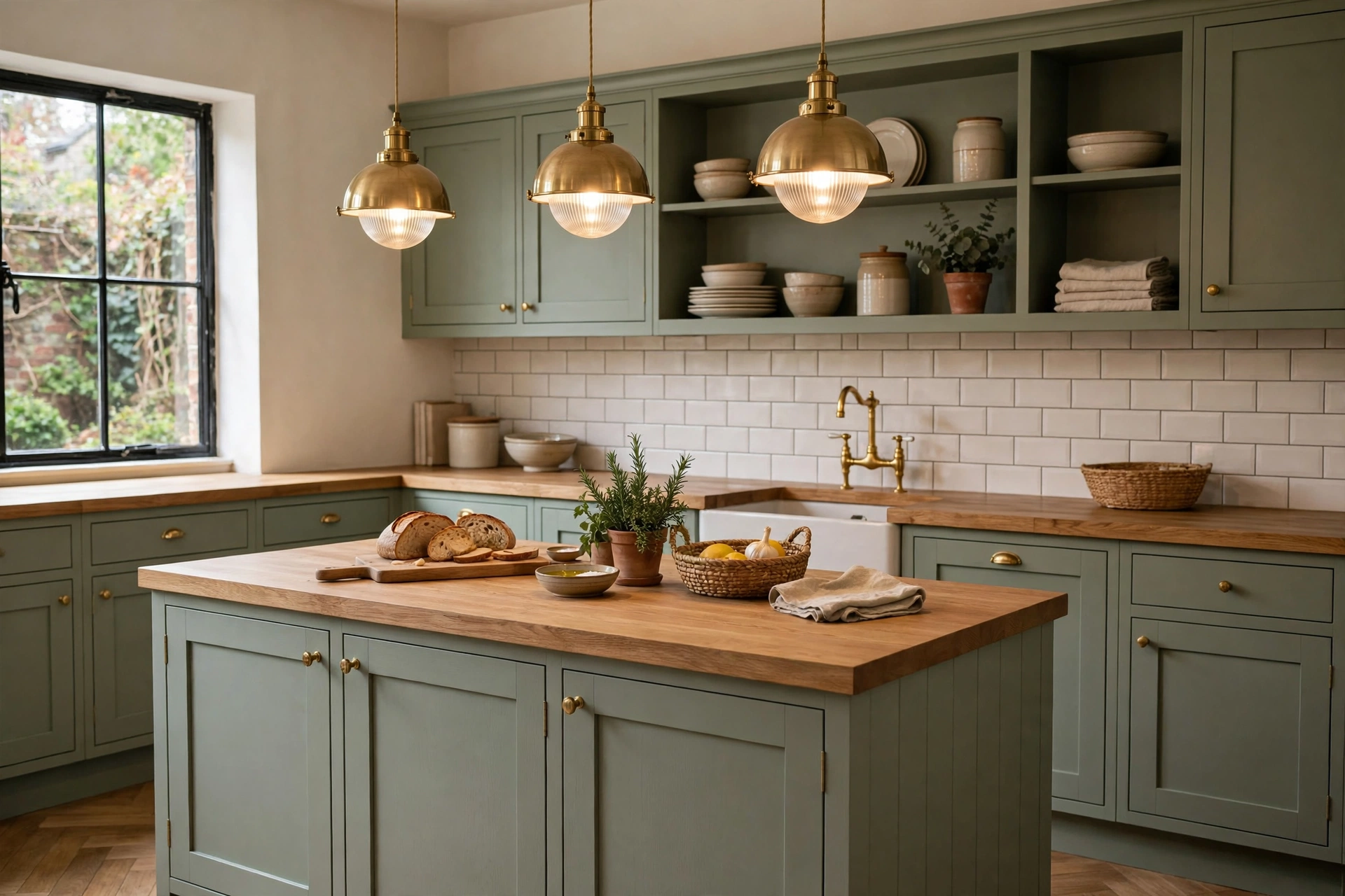Fitted sage-green shaker kitchen with oak worktop, brass tap and pendant lights over an island