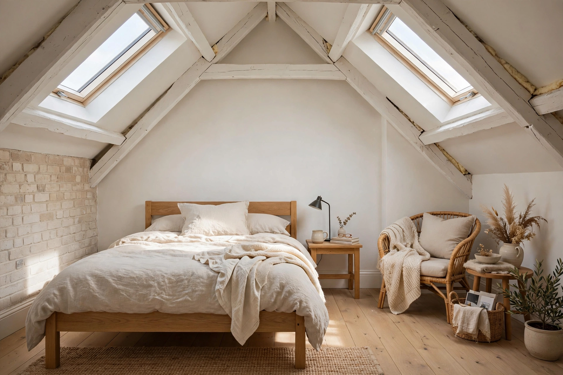 Bright loft conversion bedroom with vaulted ceiling, skylights and white-painted beams in morning light