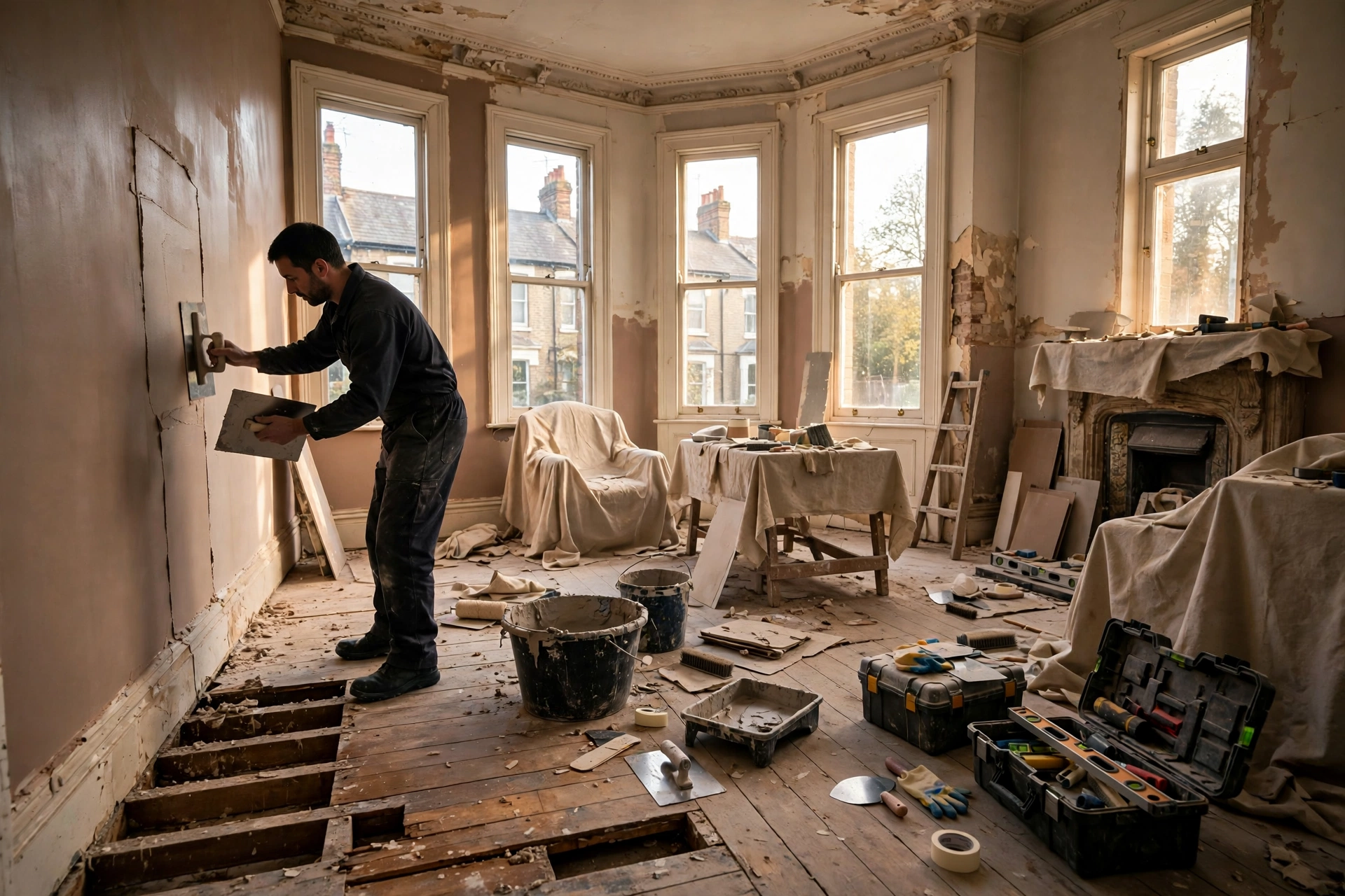 Whole-house renovation in progress: plasterer smoothing a wall in a Victorian terrace with sash windows and dust sheets down