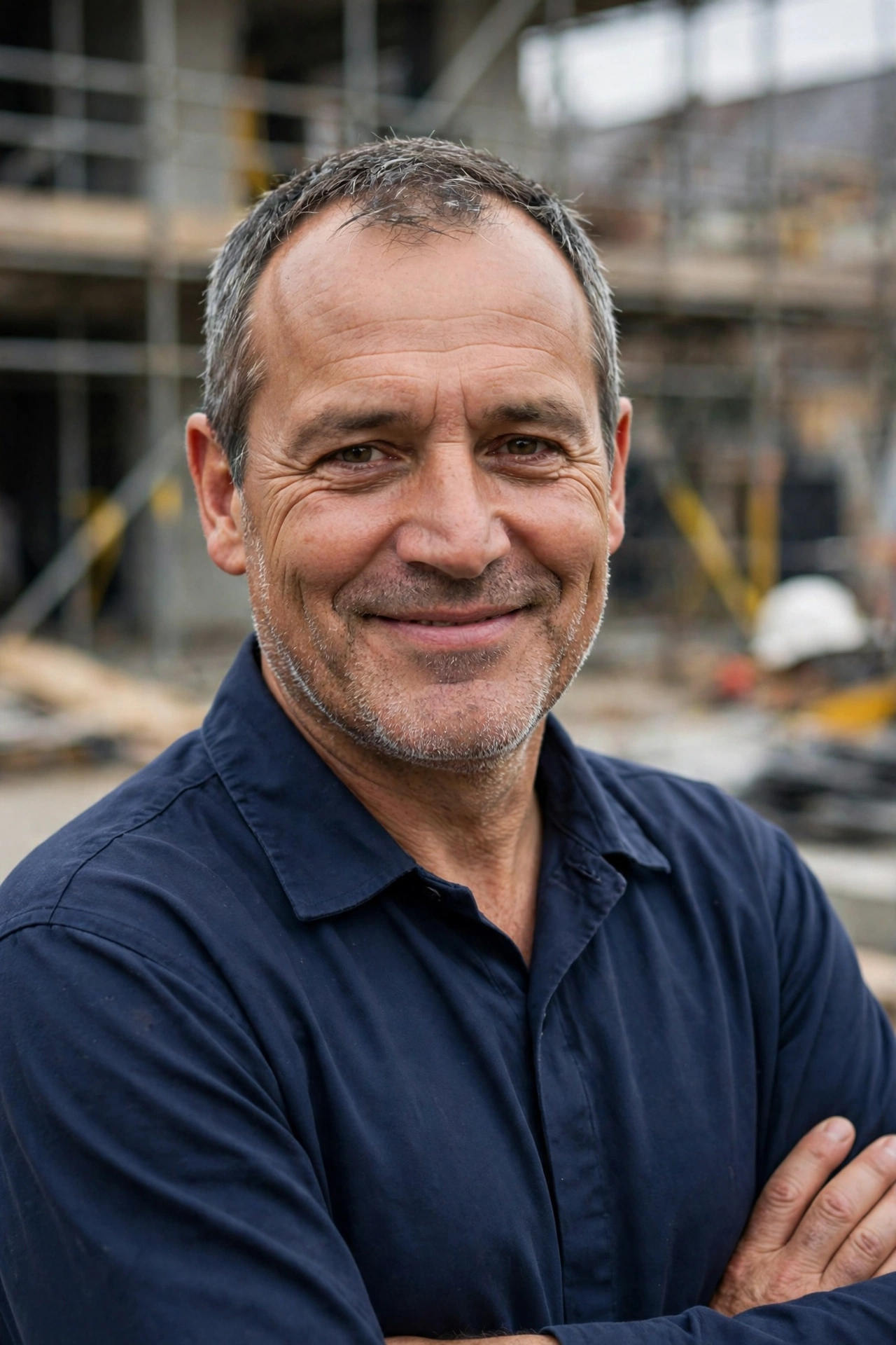 Griff, founder of Taff Builders, in a plain navy work shirt with arms crossed on a building site