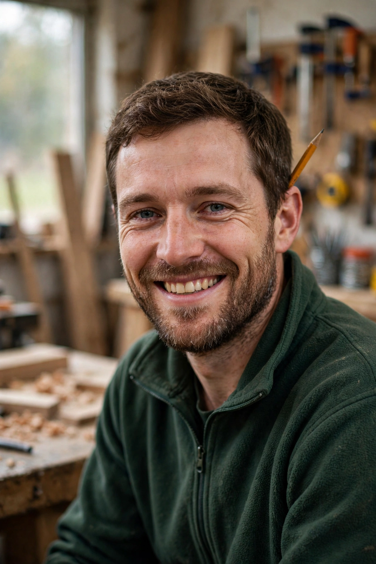 Owen, carpenter, smiling in a plain dark green fleece with a pencil behind his ear in the workshop