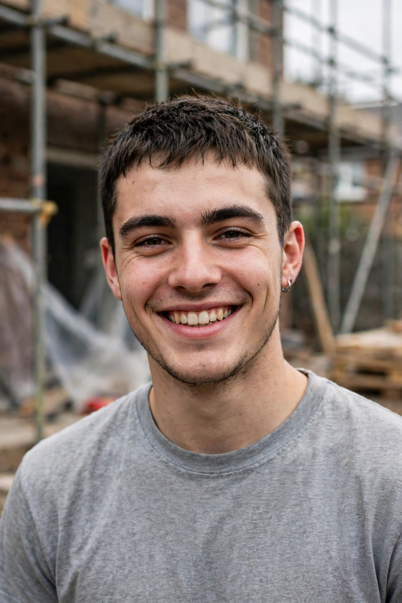 Rhys, groundworks and brickwork, in a plain grey t-shirt on a scaffolded building site