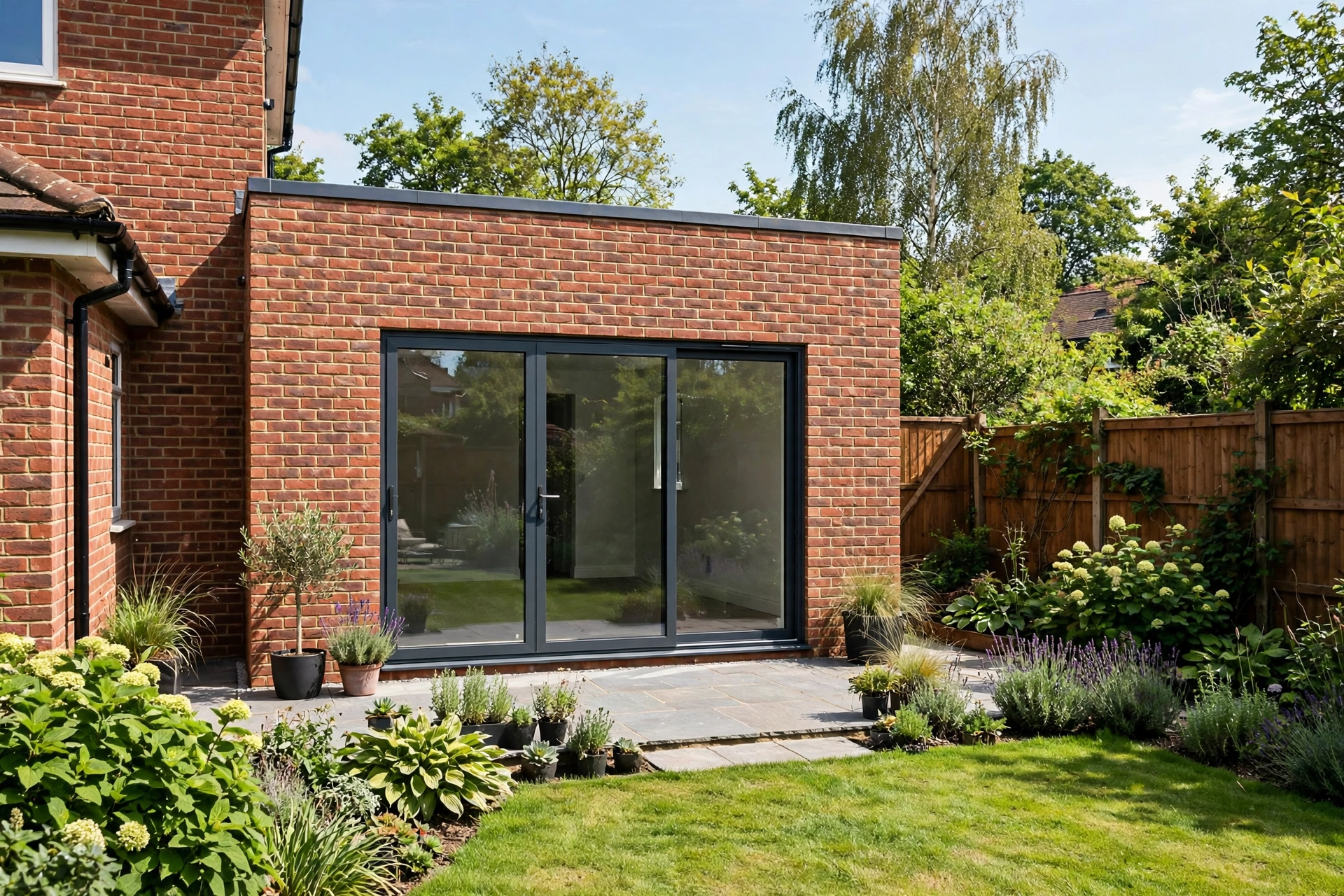 A modern single storey rear extension with skylights