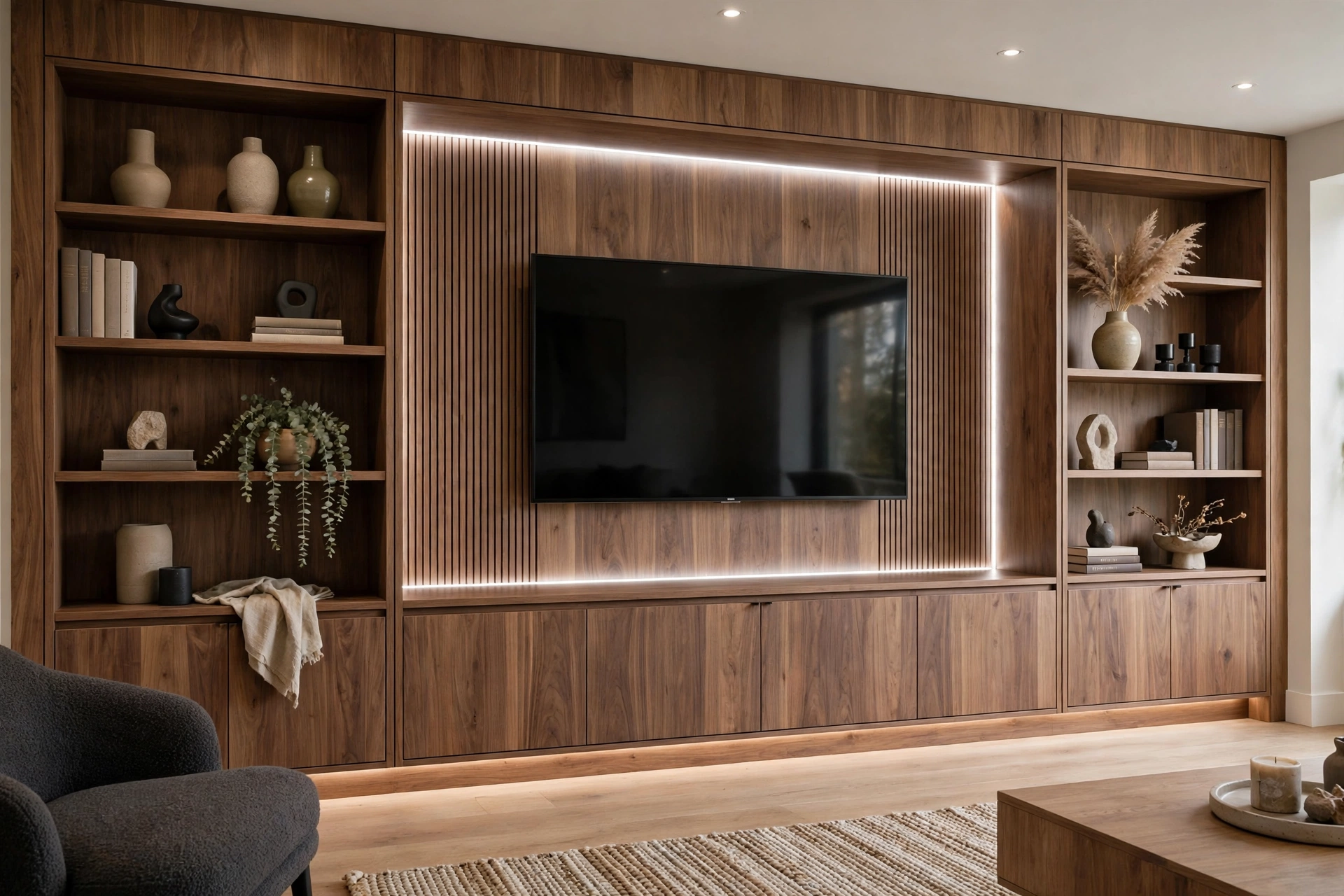 A bespoke built-in media wall with integrated lighting and TV