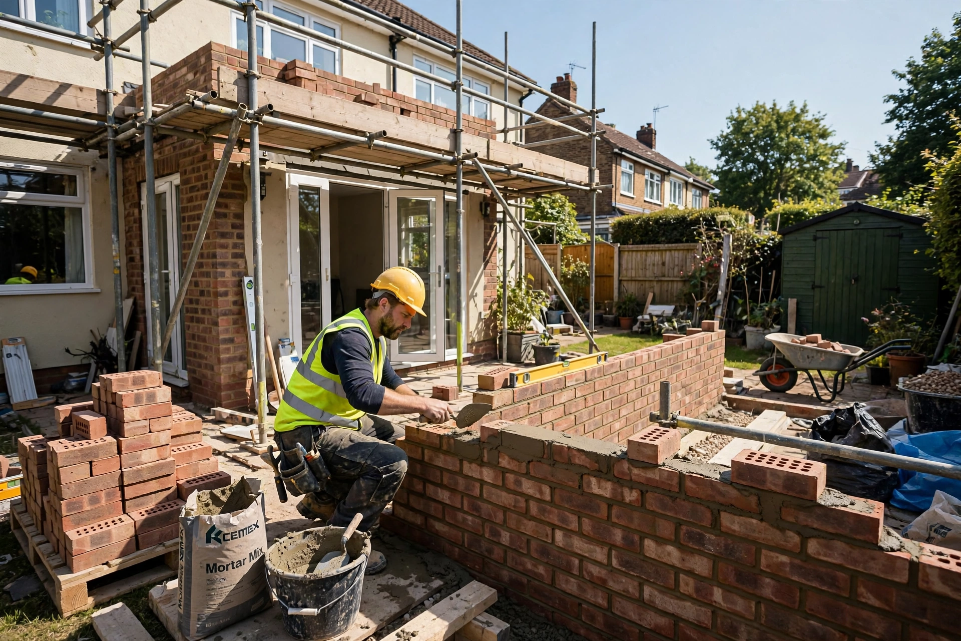 Builder constructing a house extension