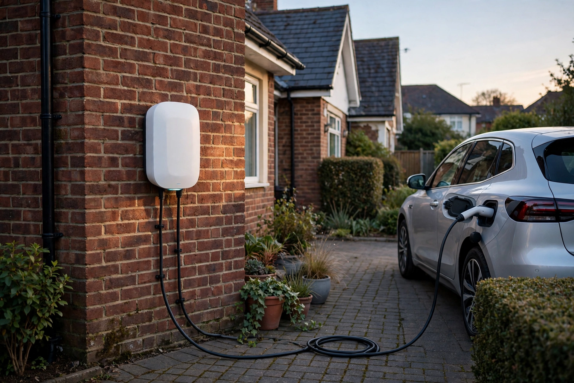 Home EV charger installed on the brick wall of a Birmingham semi-detached house, cable plugged into a parked car at dusk