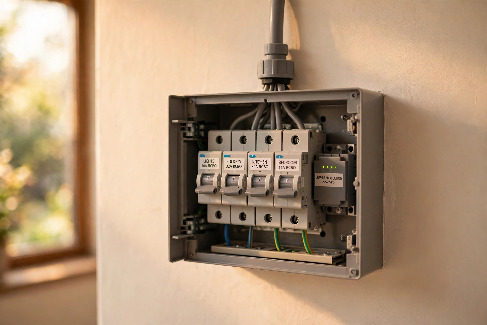 Newly installed consumer unit with neatly labelled RCBO breakers and grey cable trunking on a freshly painted wall