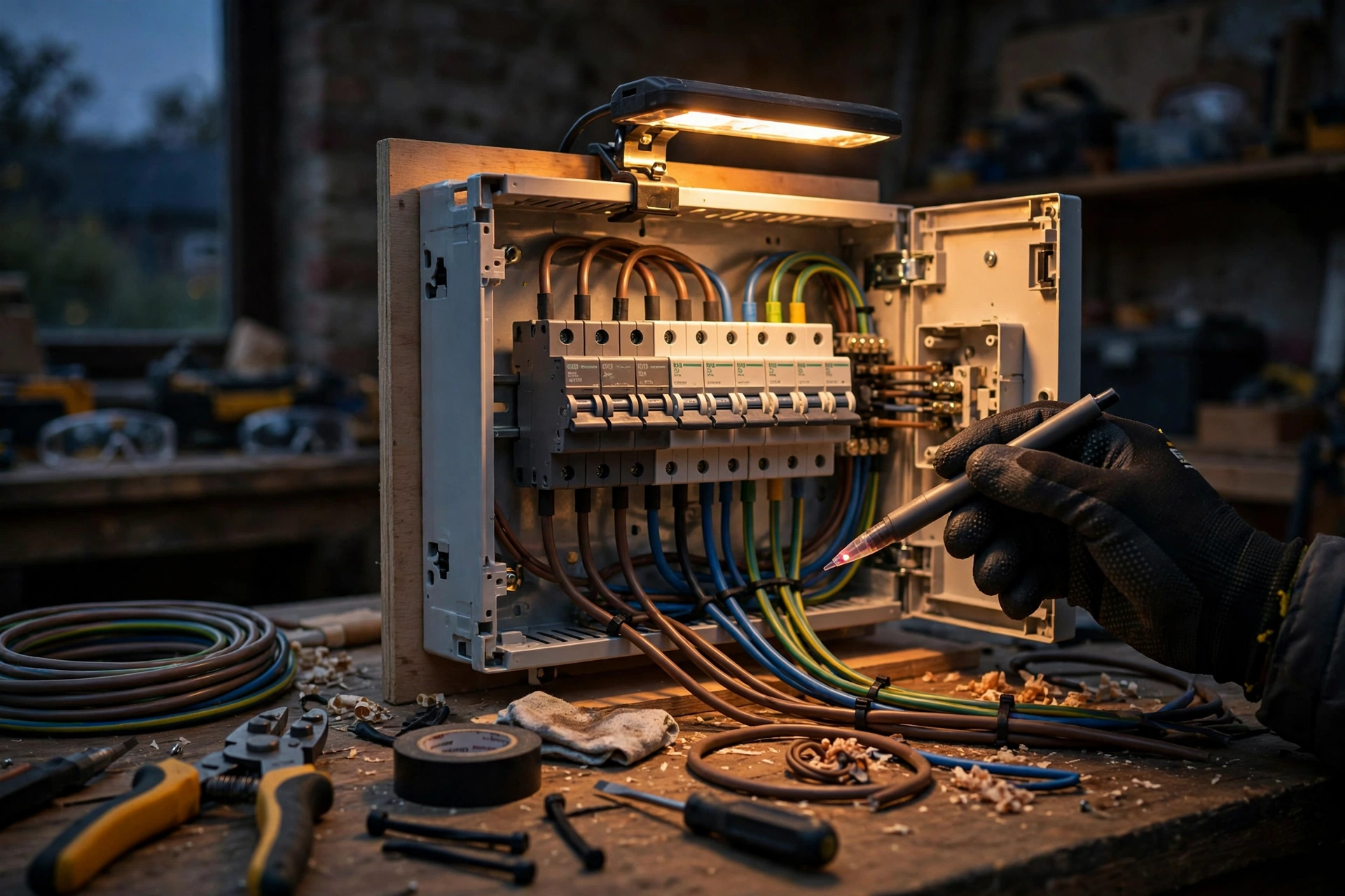 An electrician's gloved hands testing a modern consumer unit with a voltage tester, bathed in warm inspection light