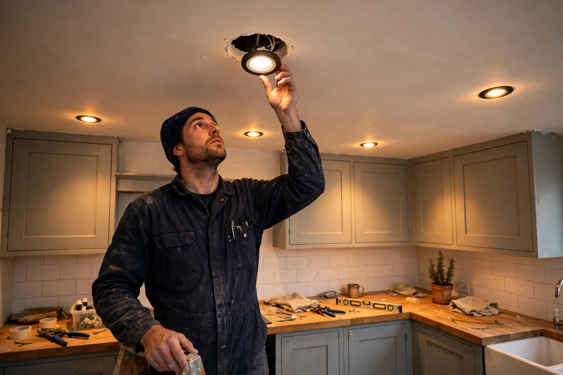 Electrician fitting a kitchen downlight into a newly plastered ceiling, warm light spilling from the already fitted spots