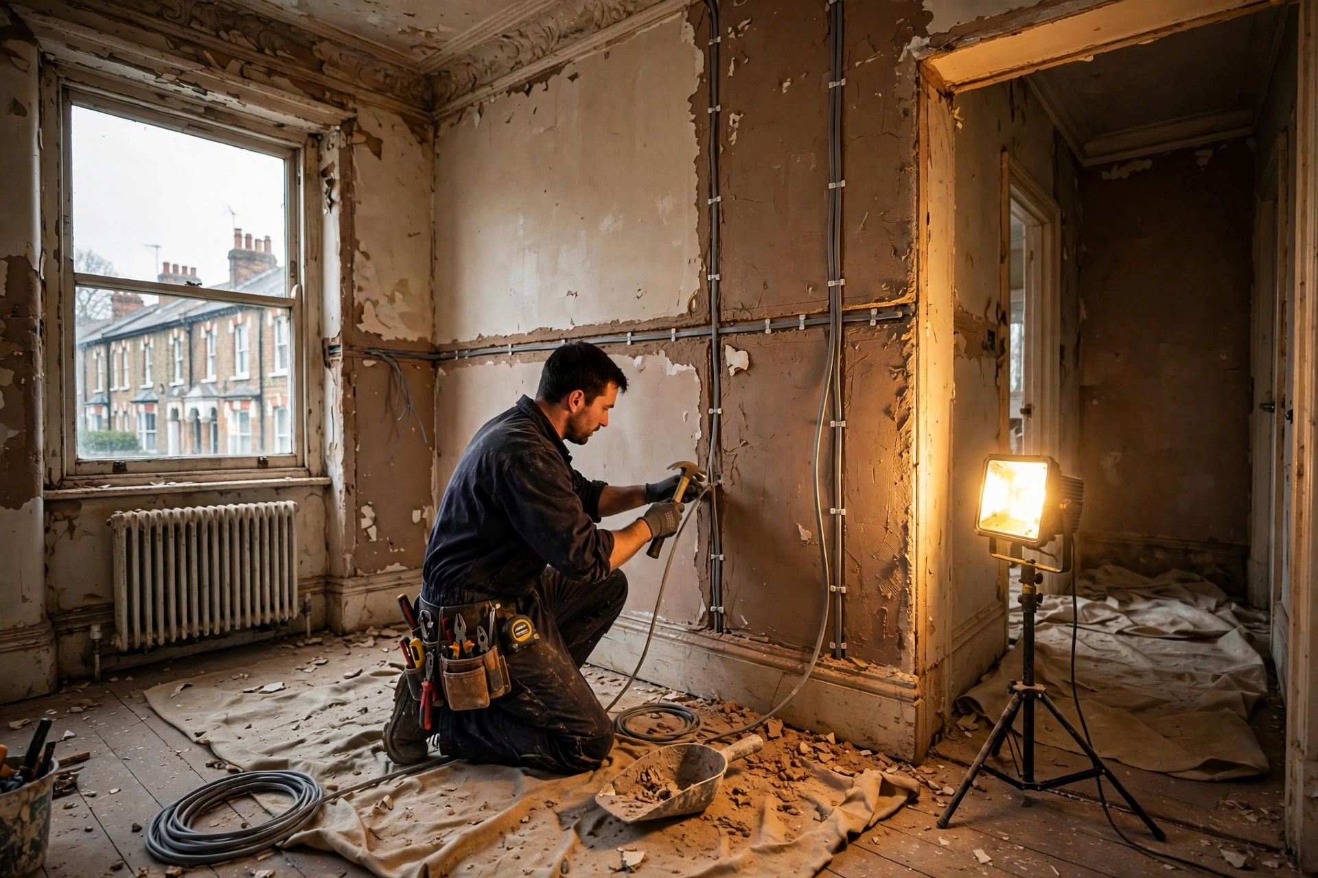 Full house rewire in progress: straight runs of new cable clipped into chased plaster walls of a Victorian terrace