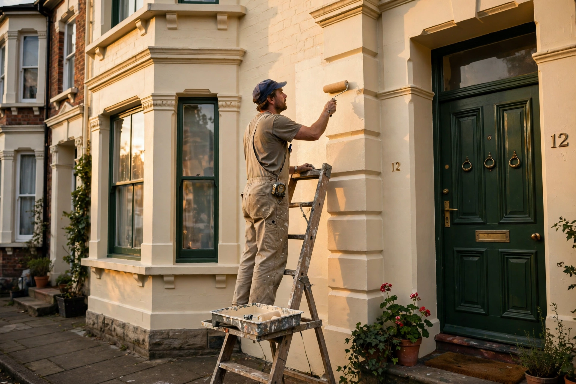 A painter on a ladder rolling cream masonry paint onto a Bristol Victorian terraced house