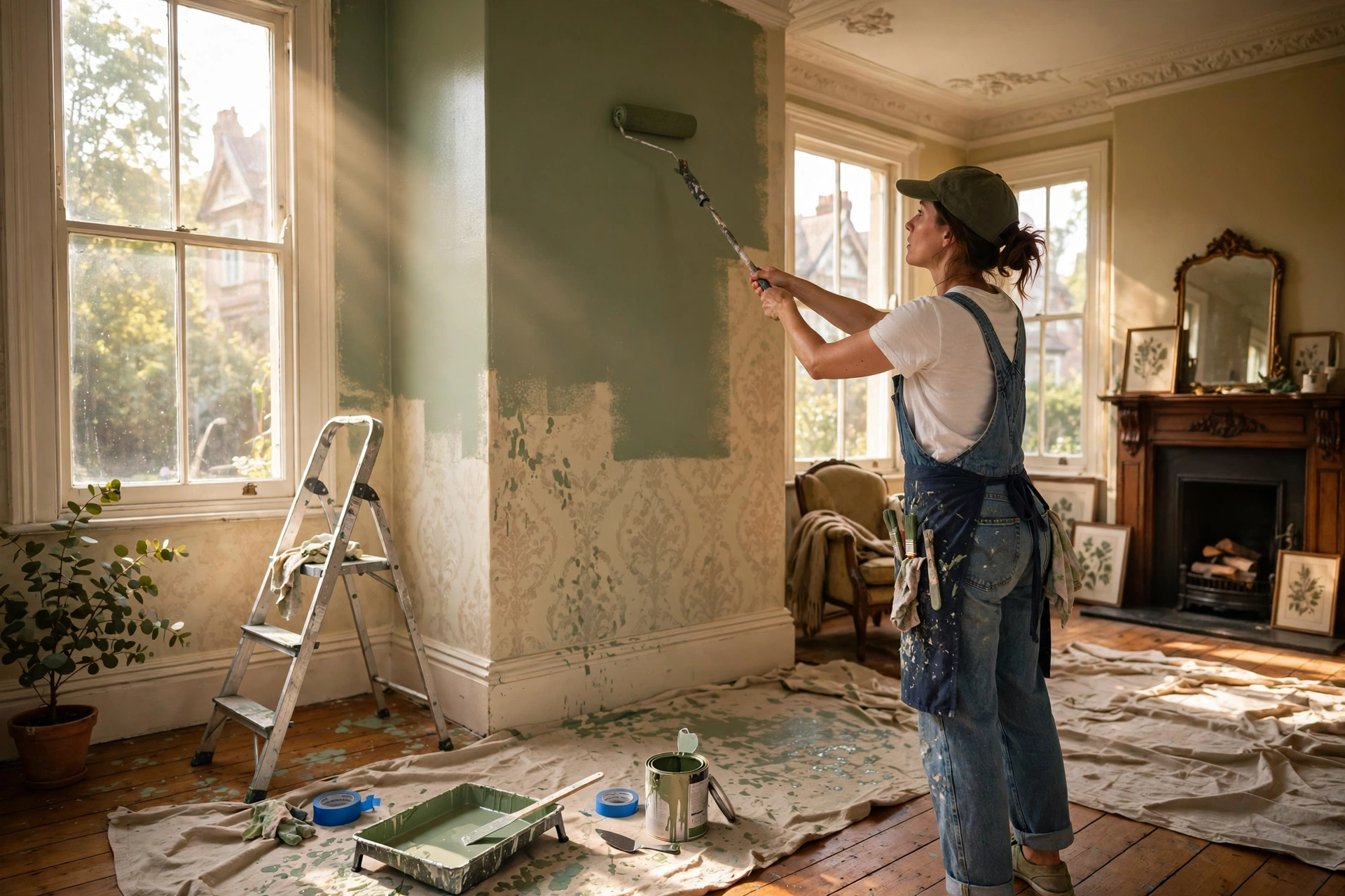 A decorator rolling sage green paint onto the wall of a sunlit Victorian living room, with drop cloths, a ladder and paint trays laid out