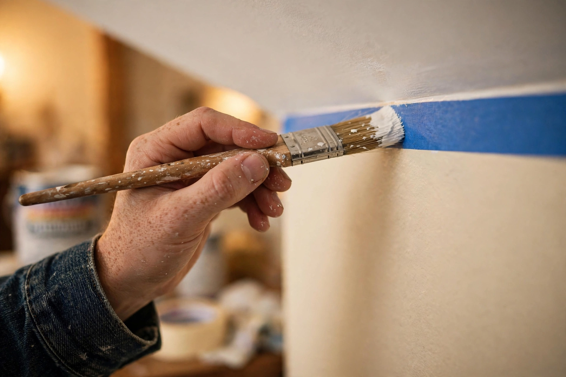 A decorator's hand cutting in a crisp paint line where a cream wall meets a white ceiling