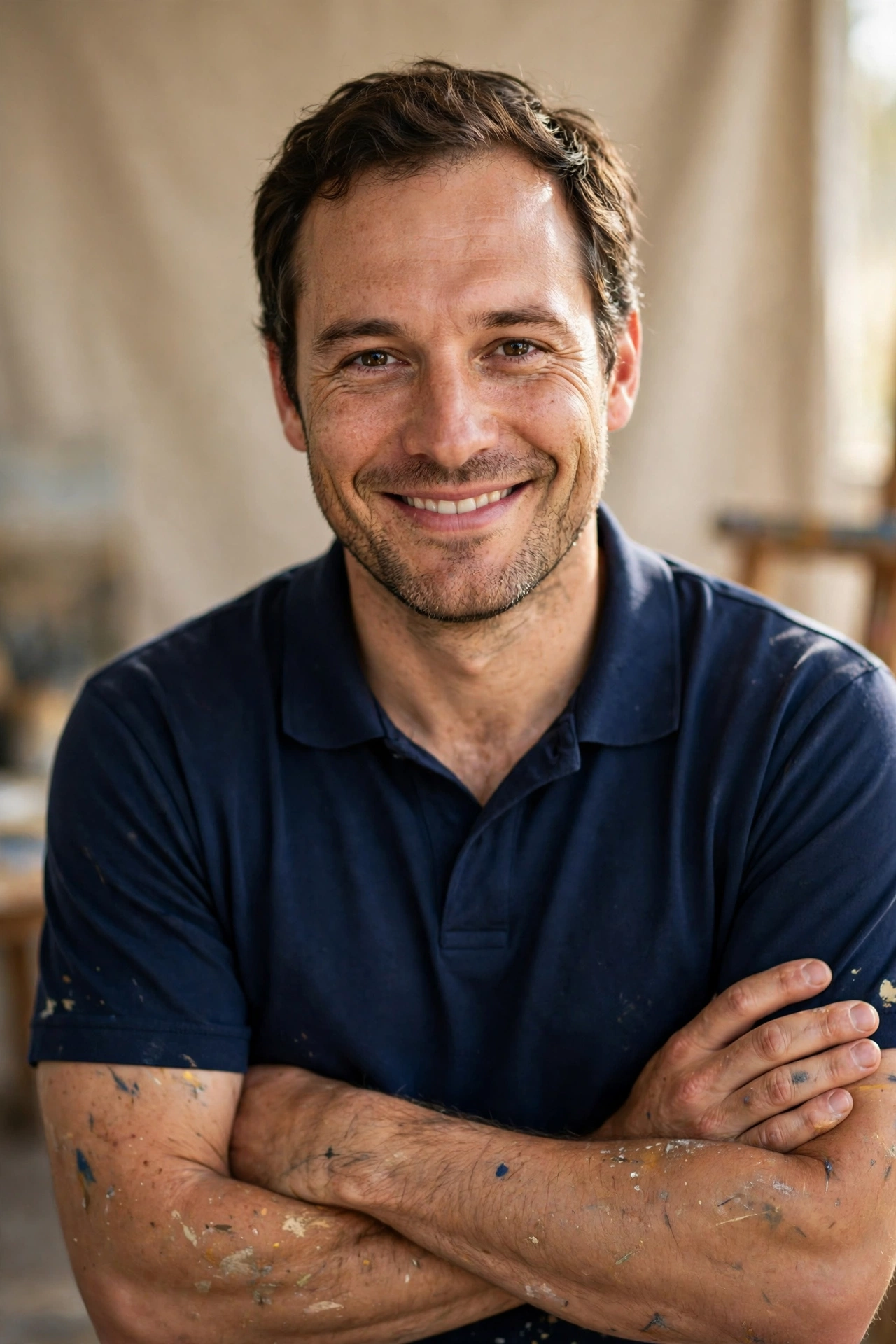 Alfie, founder and painter, in a plain navy work polo with paint flecks on his arms