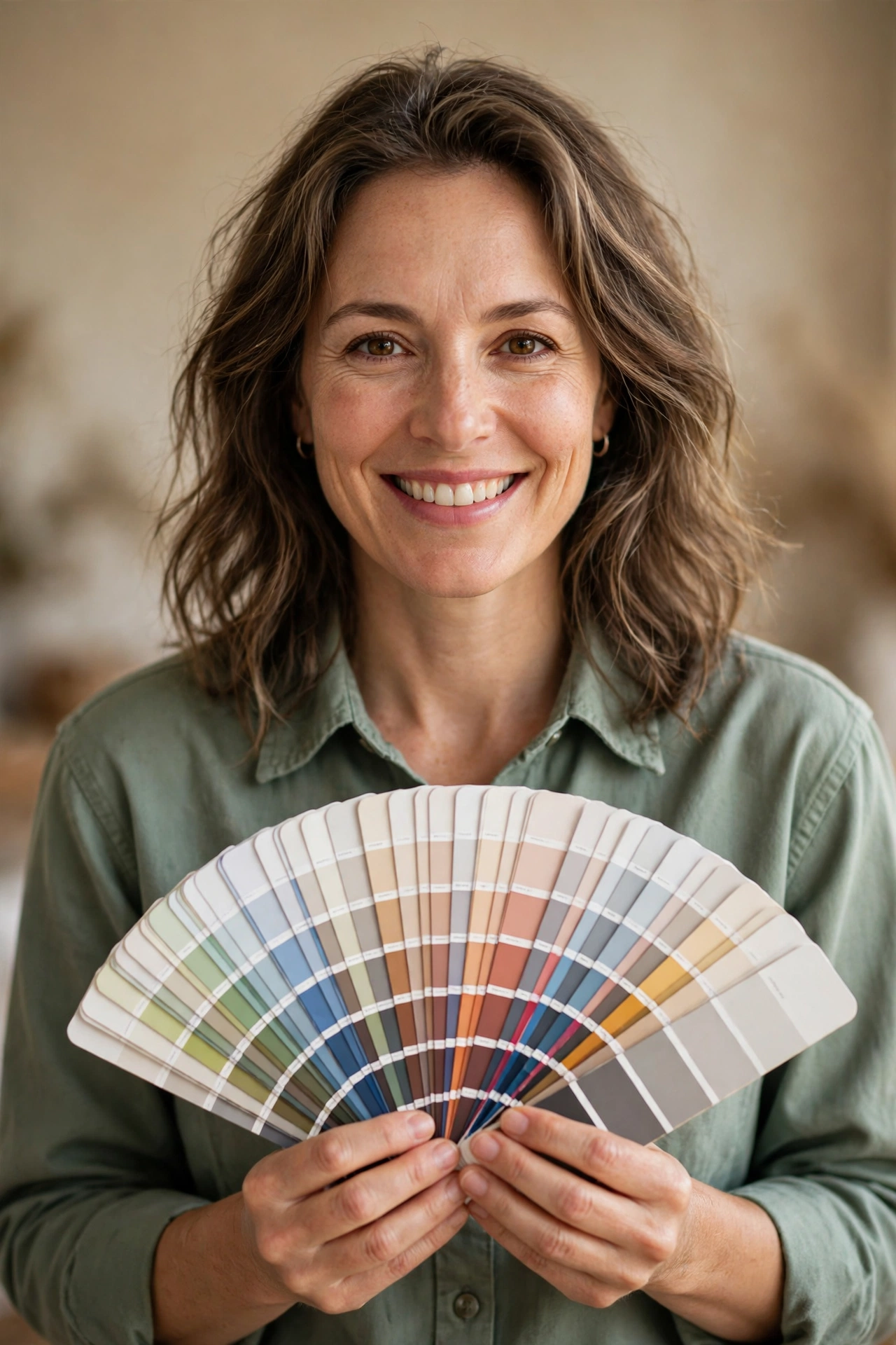 Nadia, decorator and colour consultant, holding a fanned paint colour chart