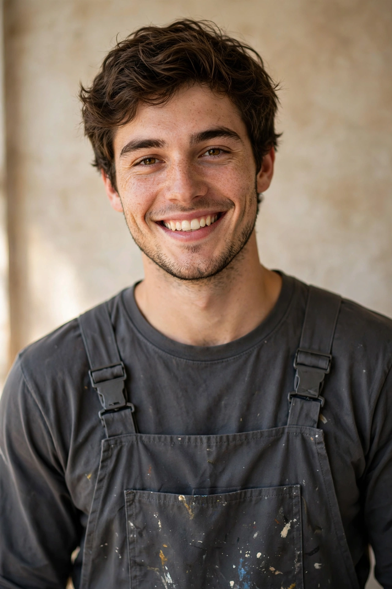 Tom, painter and exteriors specialist, in plain charcoal work overalls