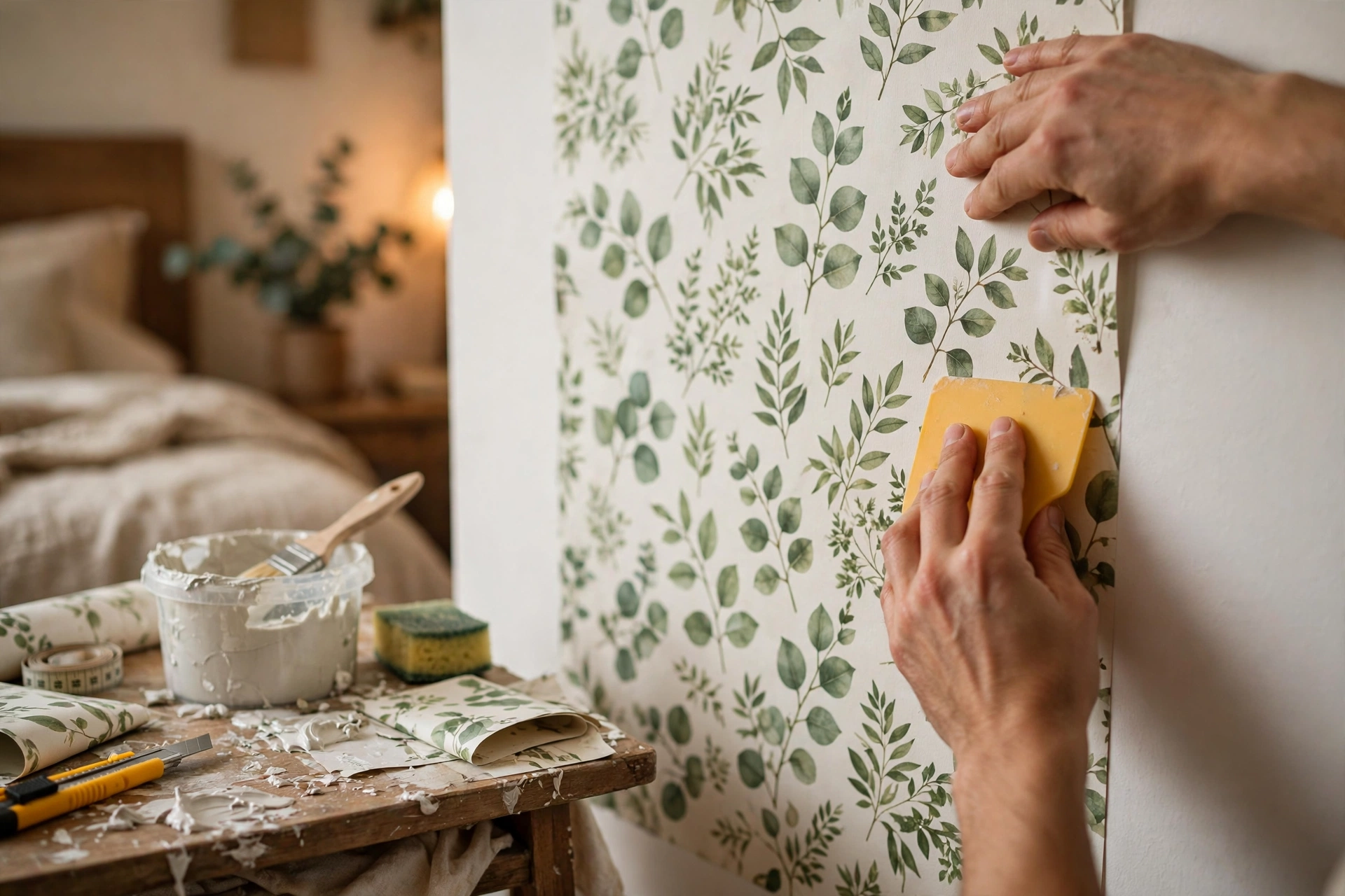 Hands smoothing a botanical wallpaper drop onto a bedroom wall with a smoother tool