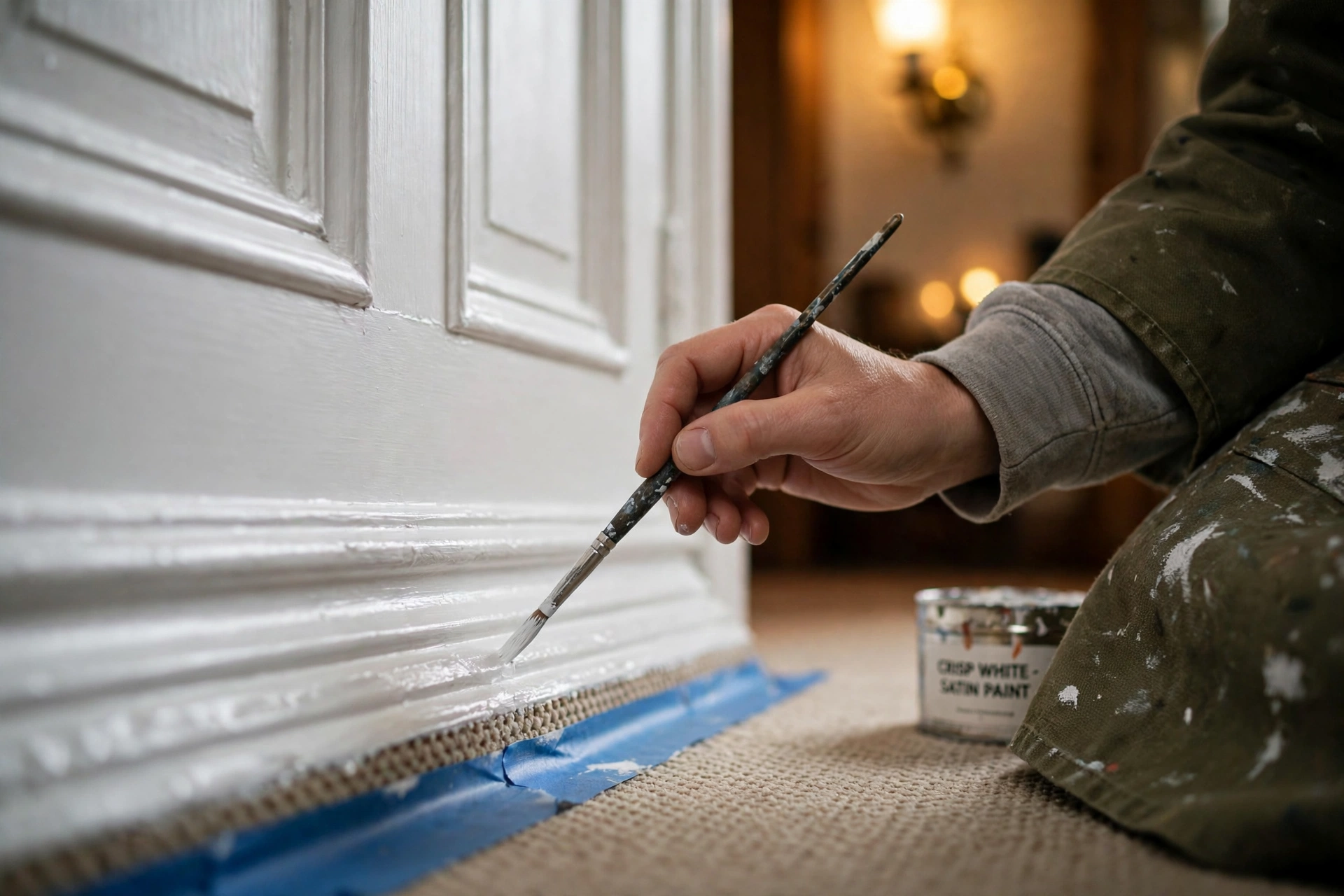 A decorator hand-brushing crisp white satin paint onto Victorian skirting boards, with blue masking tape along the carpet edge