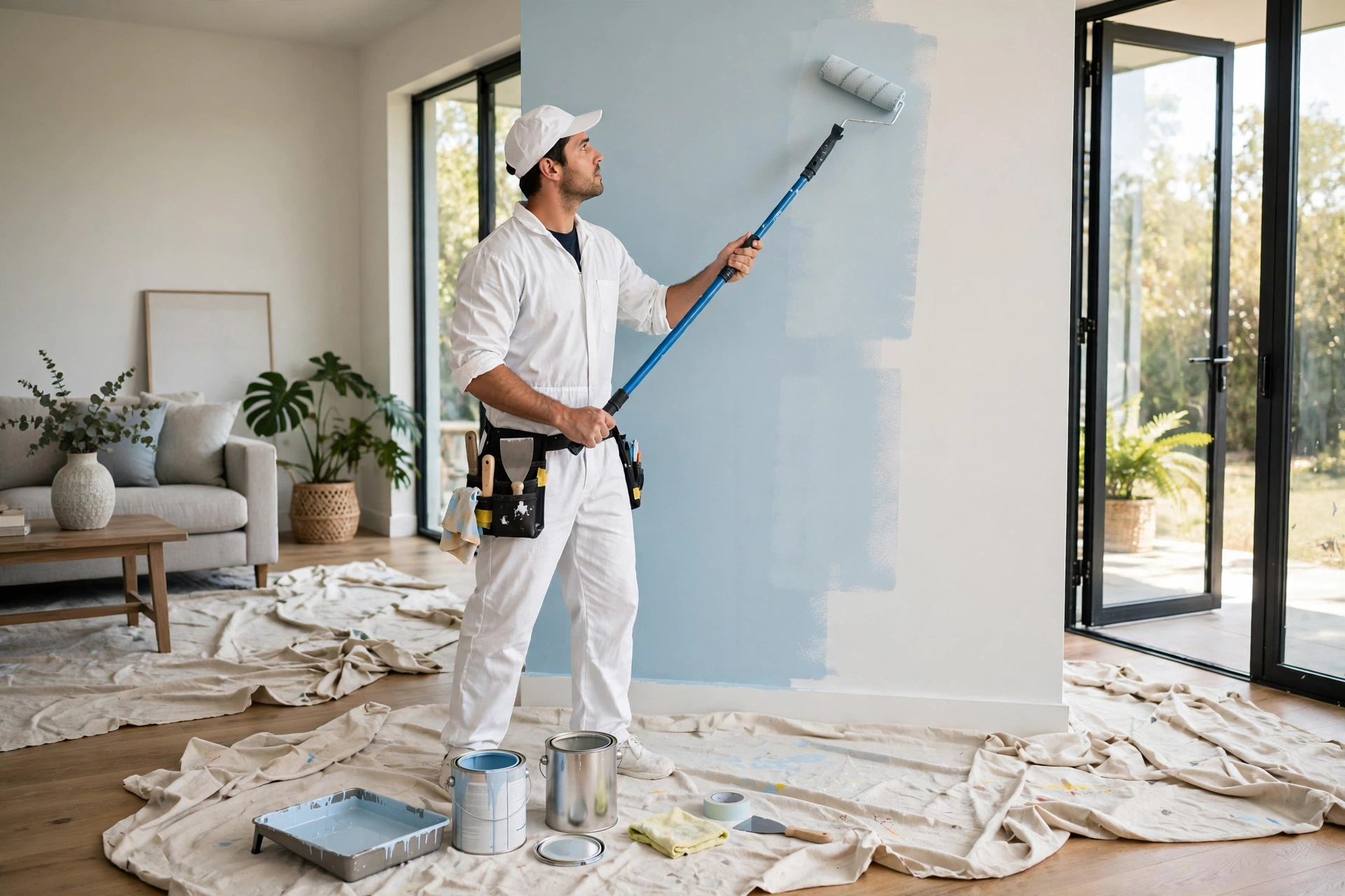 Decorator cutting in with a high quality brush against a crisp white ceiling line