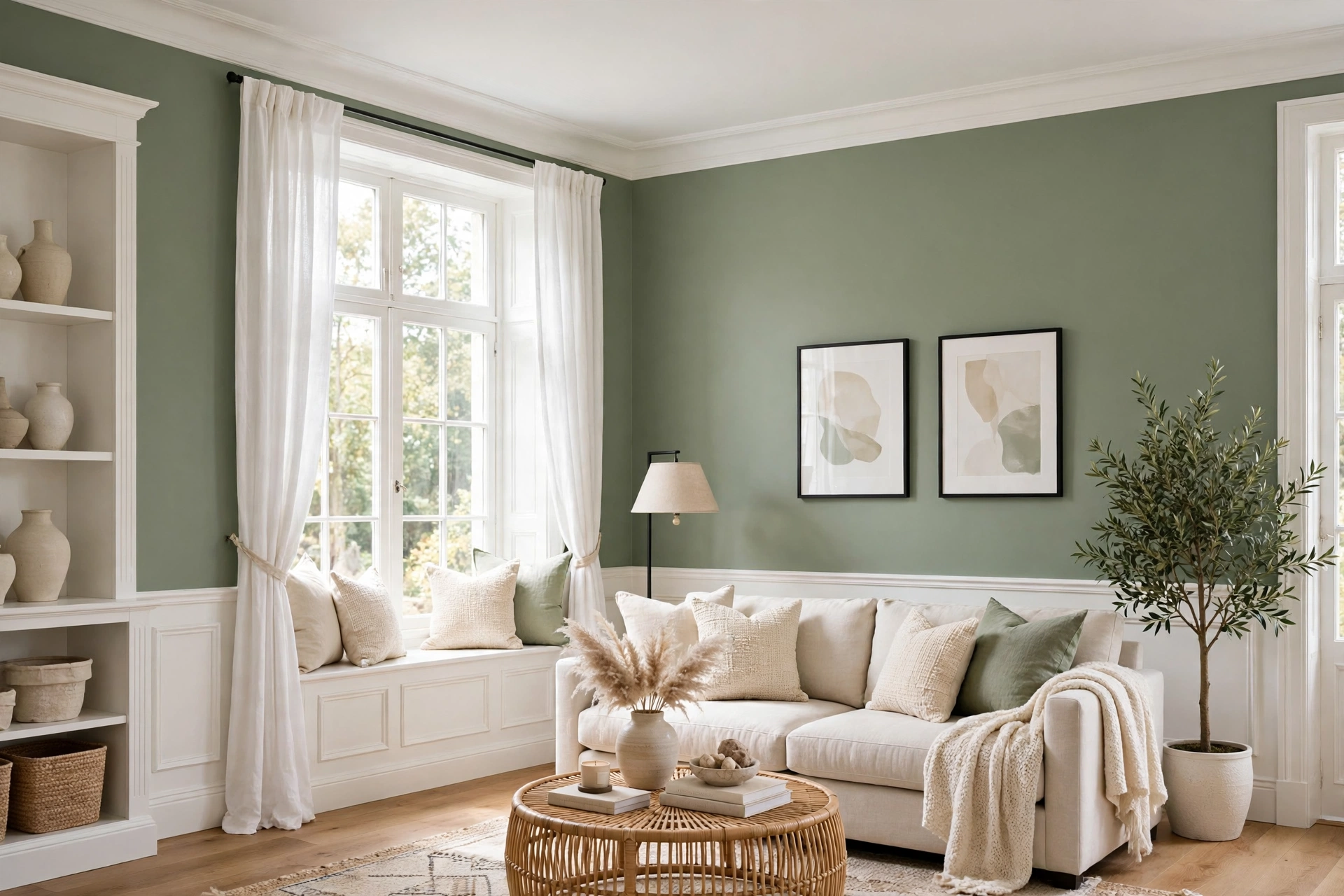 Interior painting in a living room with freshly painted blue walls and white trim