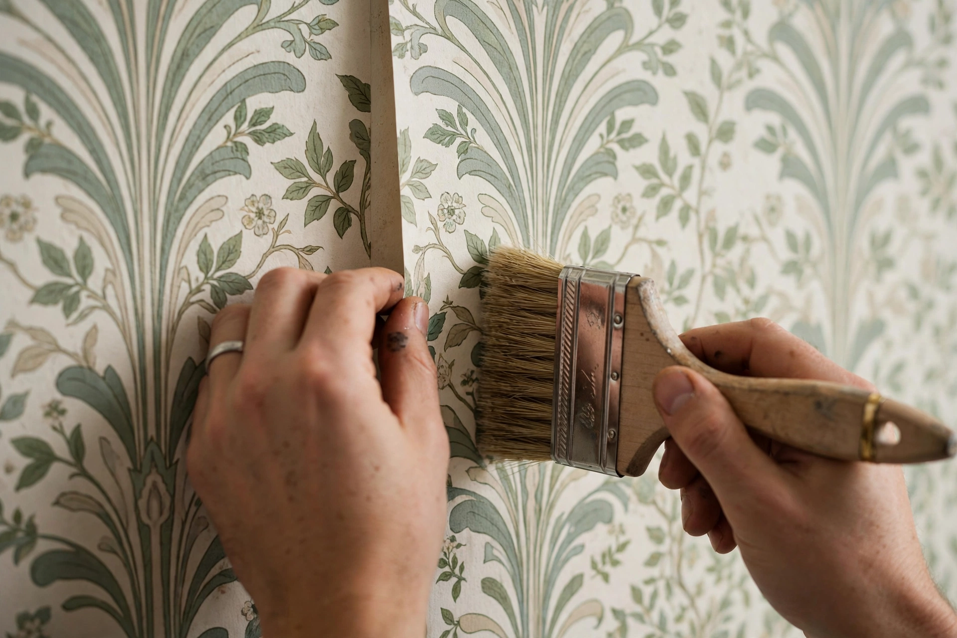 Expertly hung patterned wallpaper in a bedroom alcove