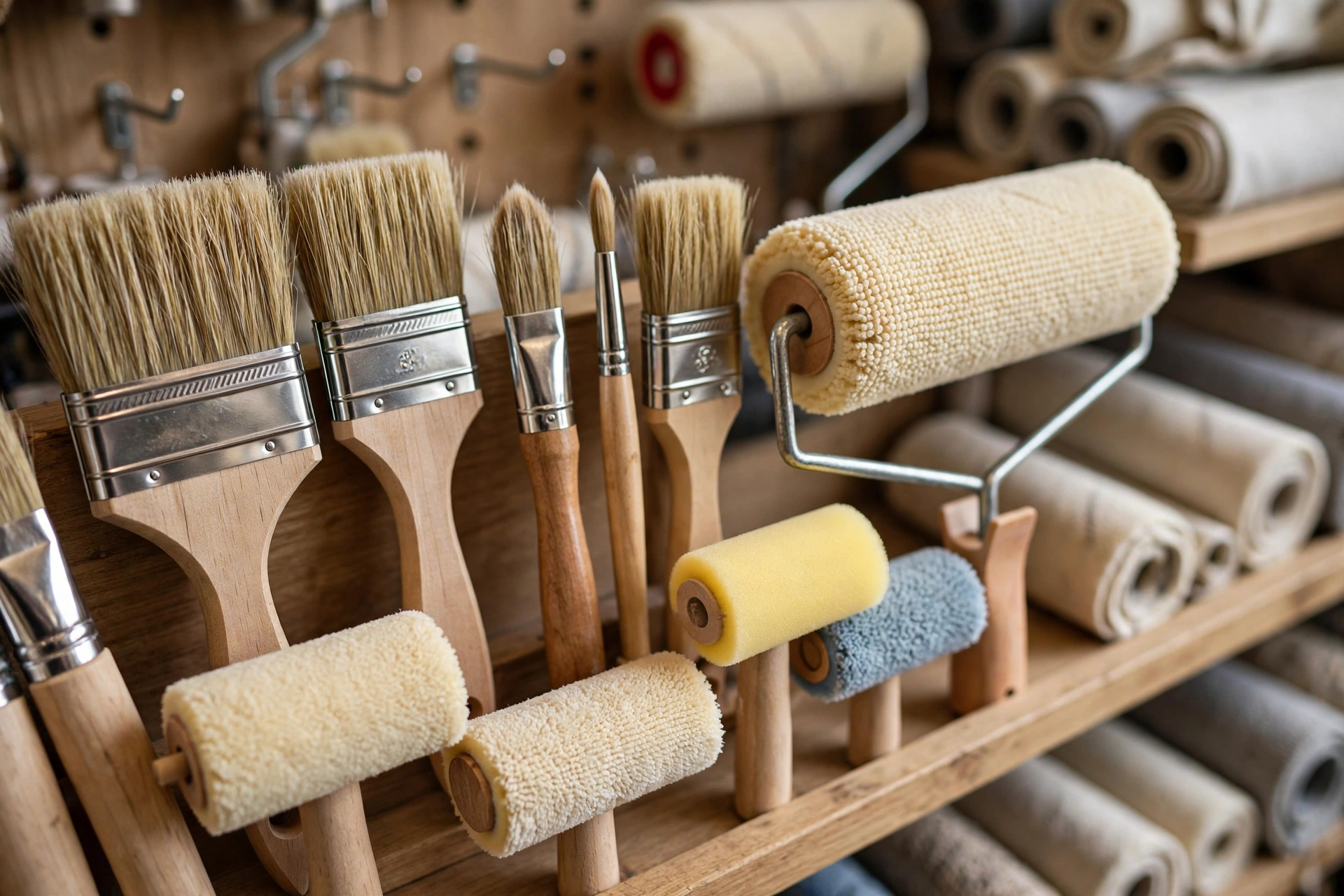 Display wall featuring professional paint brushes and rollers