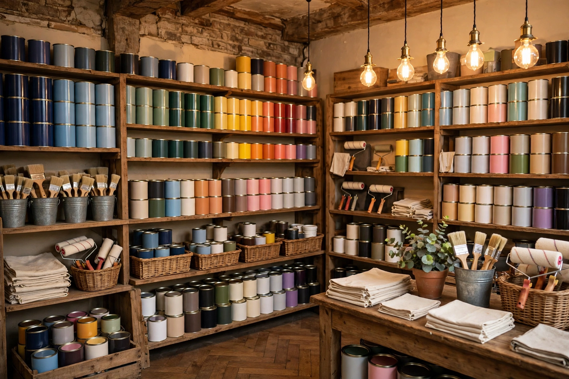 Colour mixing machine in independent paint shop with rows of trade paint tins