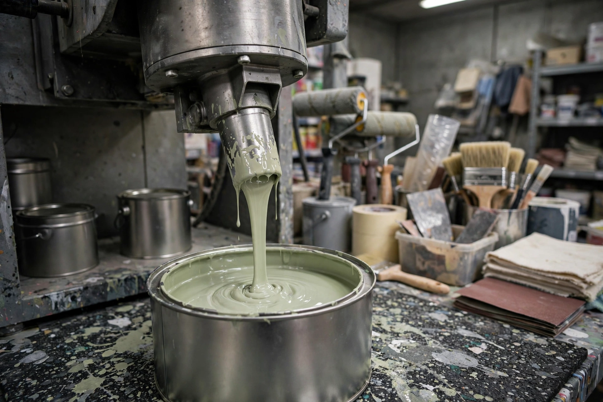 Automated paint mixing machine processing a large tub of paint