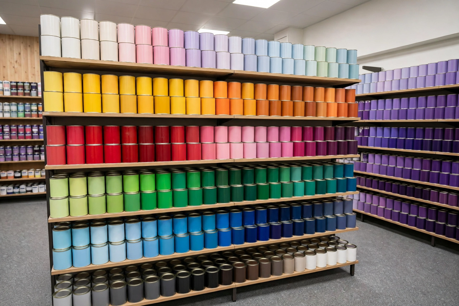 Aisle of shelves packed with colourful paint tins and tubs