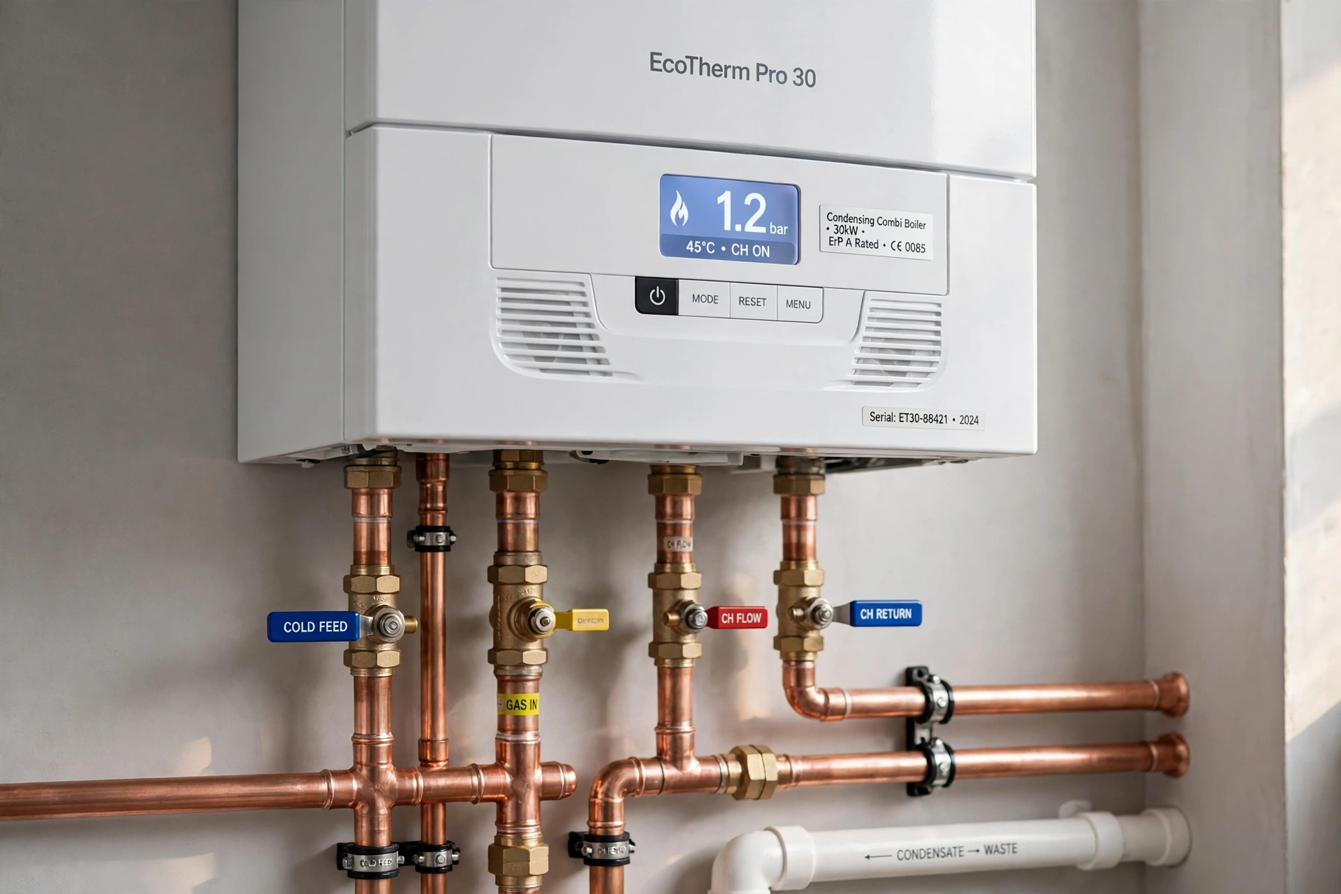 Newly installed modern high-efficiency A-rated combi boiler with magnetic filter