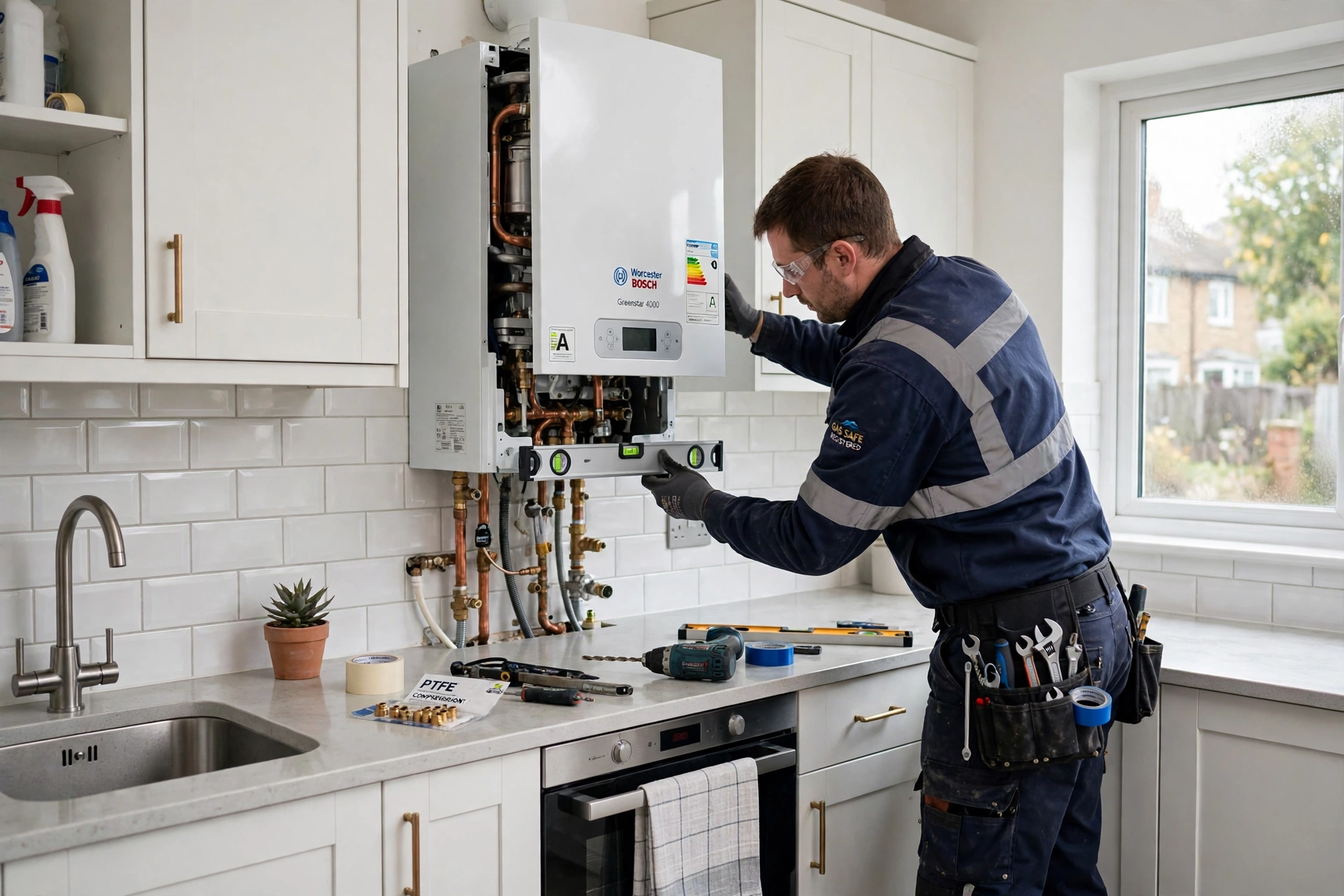 Gas Safe heating engineer commissioning a brand-new Worcester Bosch combi boiler in Didsbury