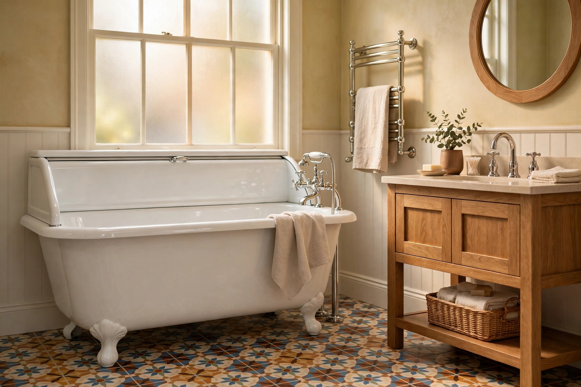 A newly fitted bathroom with a white roll-top bath, chrome taps and patterned floor tiles in warm daylight