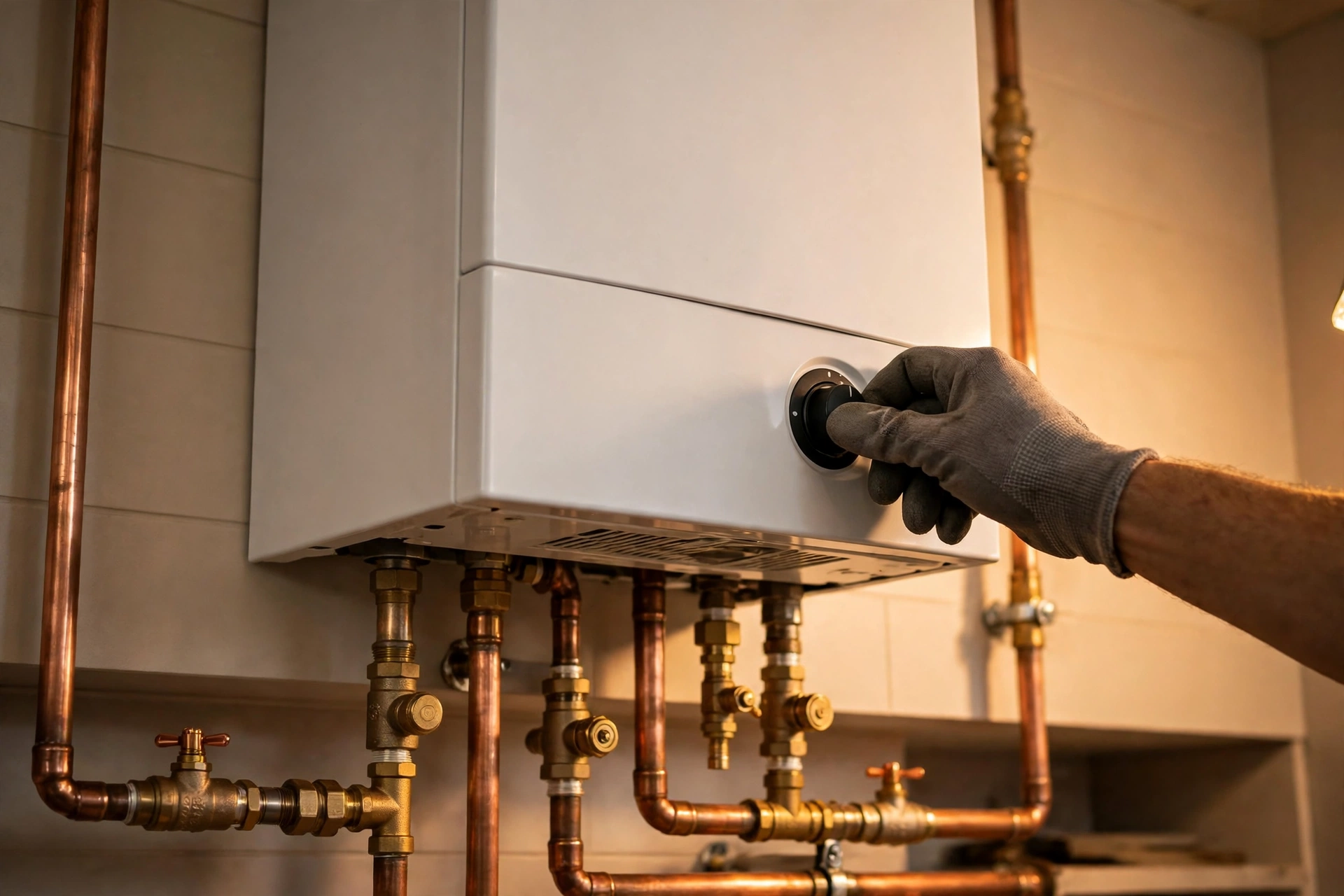 A newly installed white combi boiler with neat copper pipework, an engineer's hand on the control dial