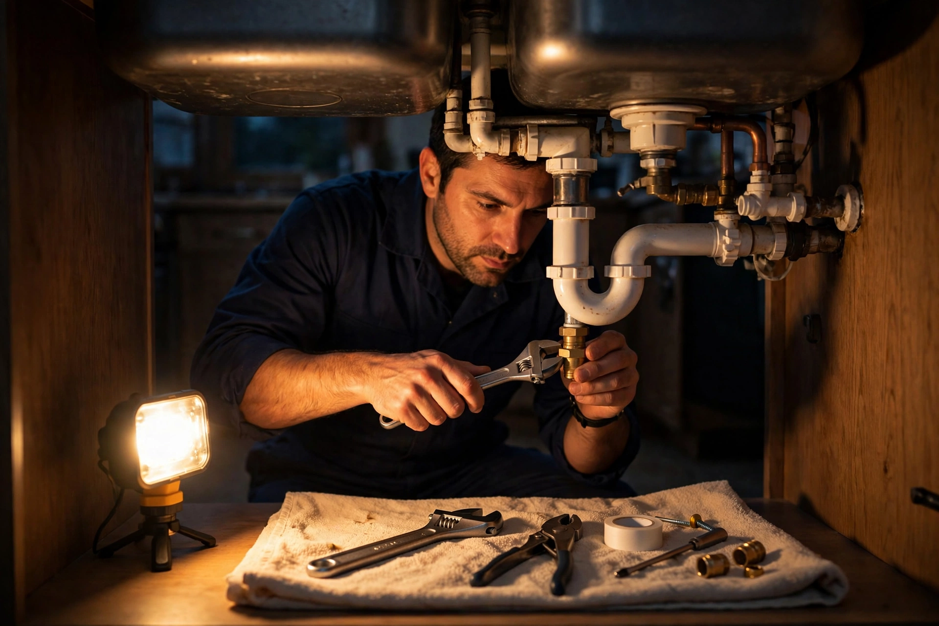 An emergency plumber in navy workwear repairing pipework under a kitchen sink by work light in the evening