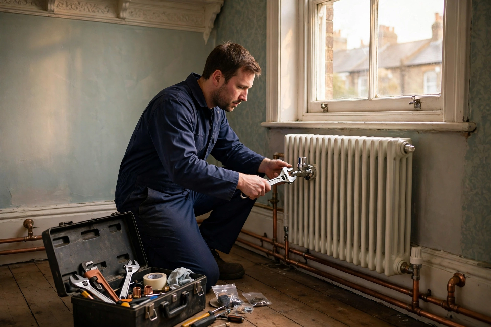 A plumber in plain navy workwear fitting a chrome radiator valve in a warm, light Victorian terrace home