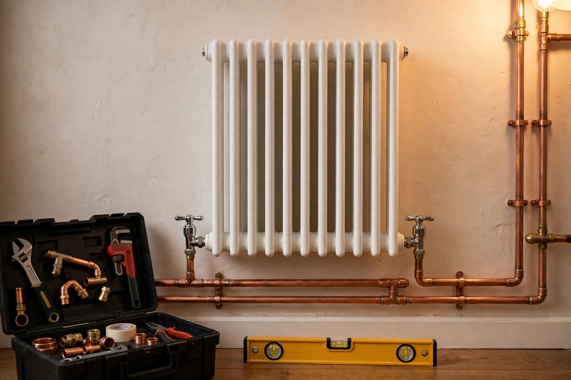 A white column radiator newly installed against a plastered wall with neat copper pipework and a spirit level nearby