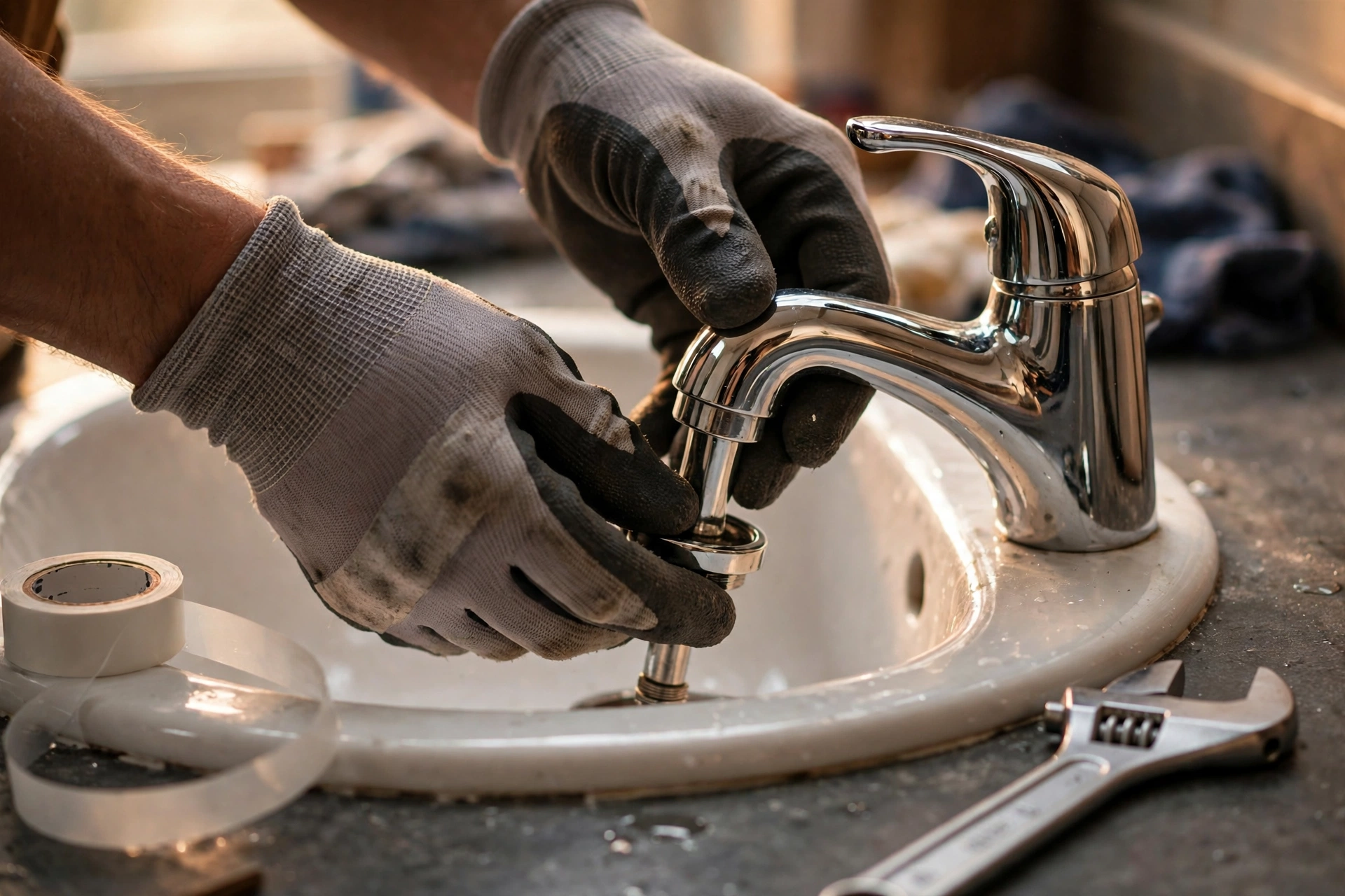 Close view of gloved hands fitting a chrome mixer tap onto a ceramic basin