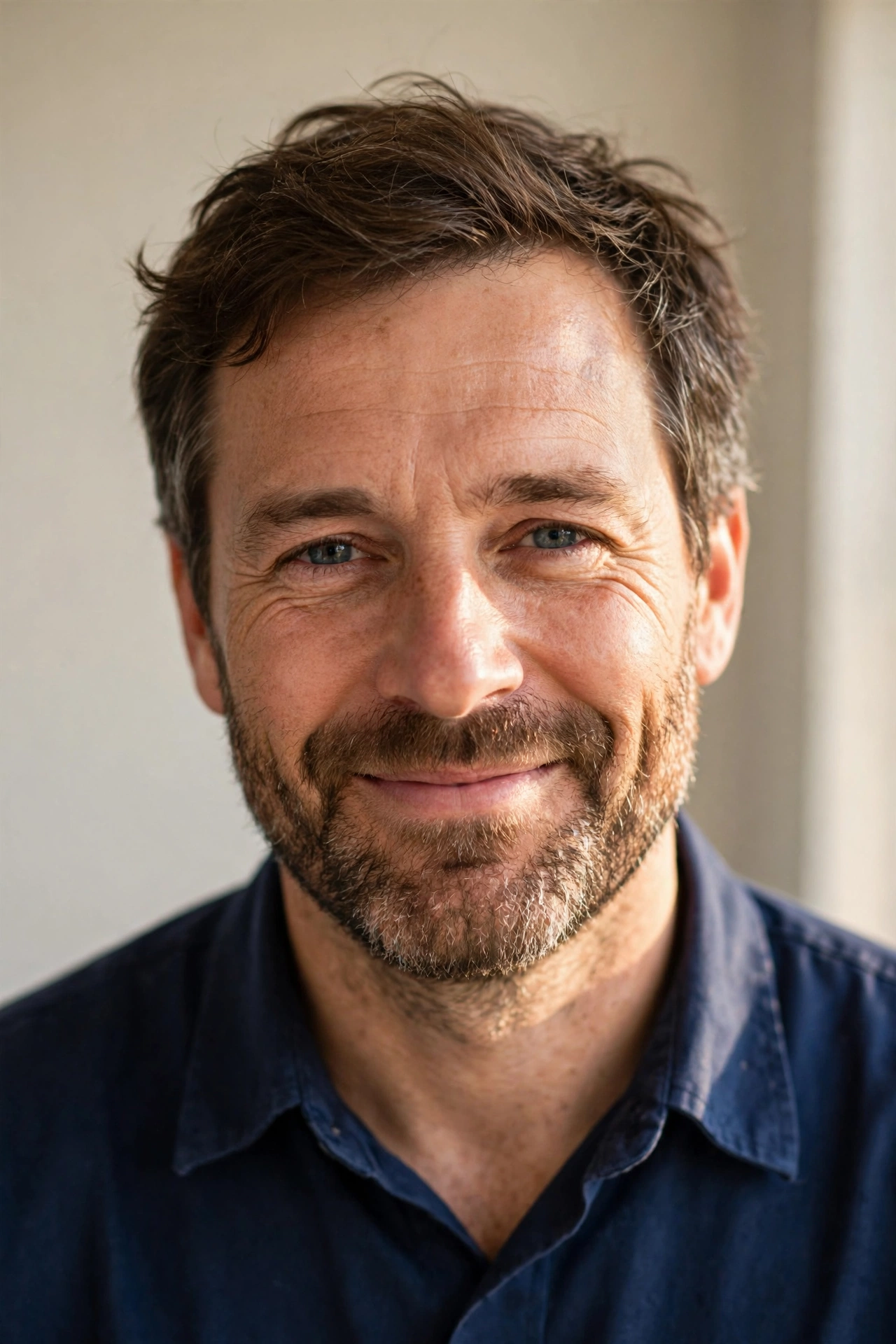 Joe, founder of Aire Plumbing and Heating, a smiling man in his forties wearing a plain navy work shirt
