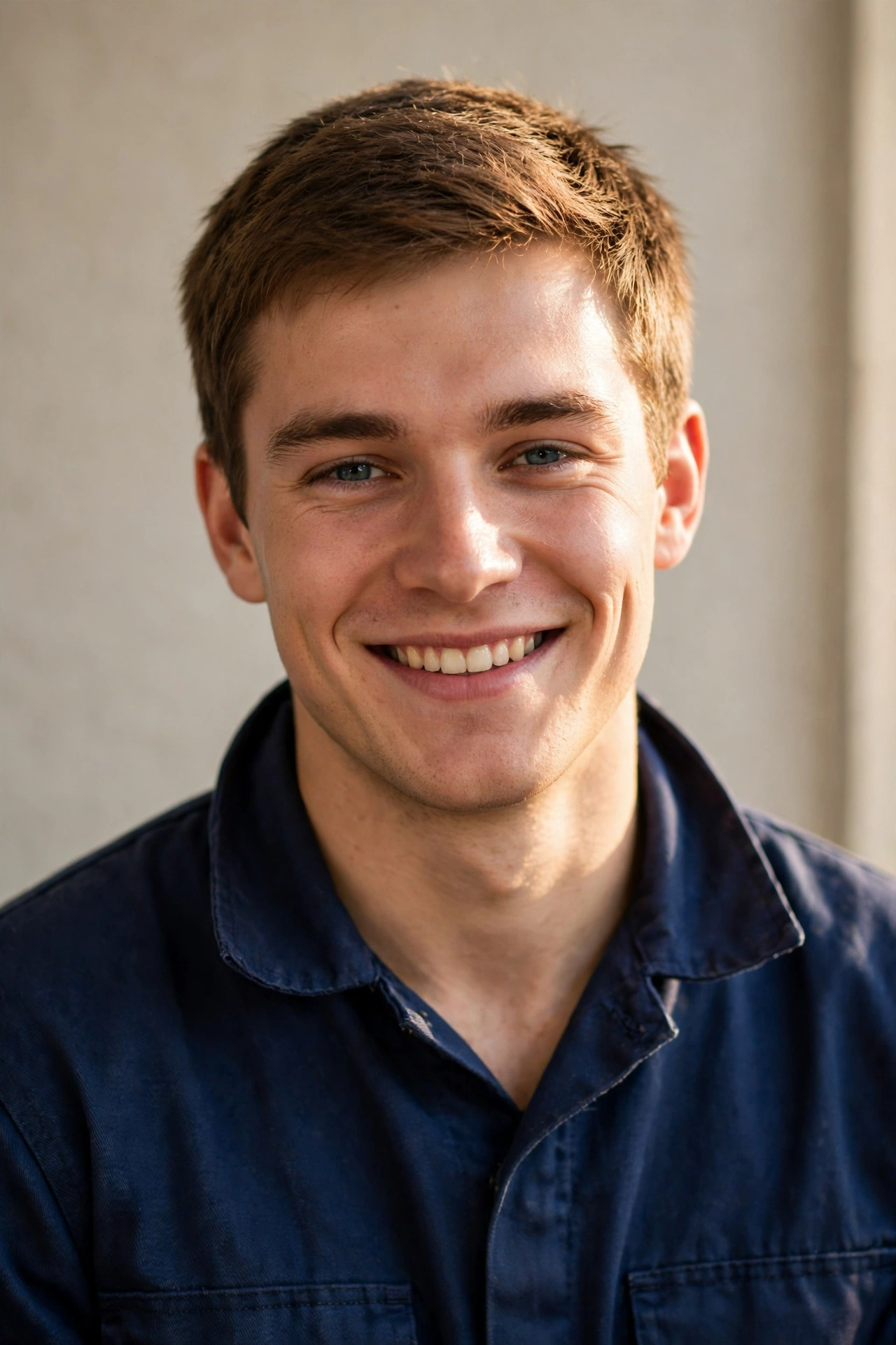 Rob, plumber at Aire Plumbing and Heating, a cheerful young man wearing a plain navy work jacket