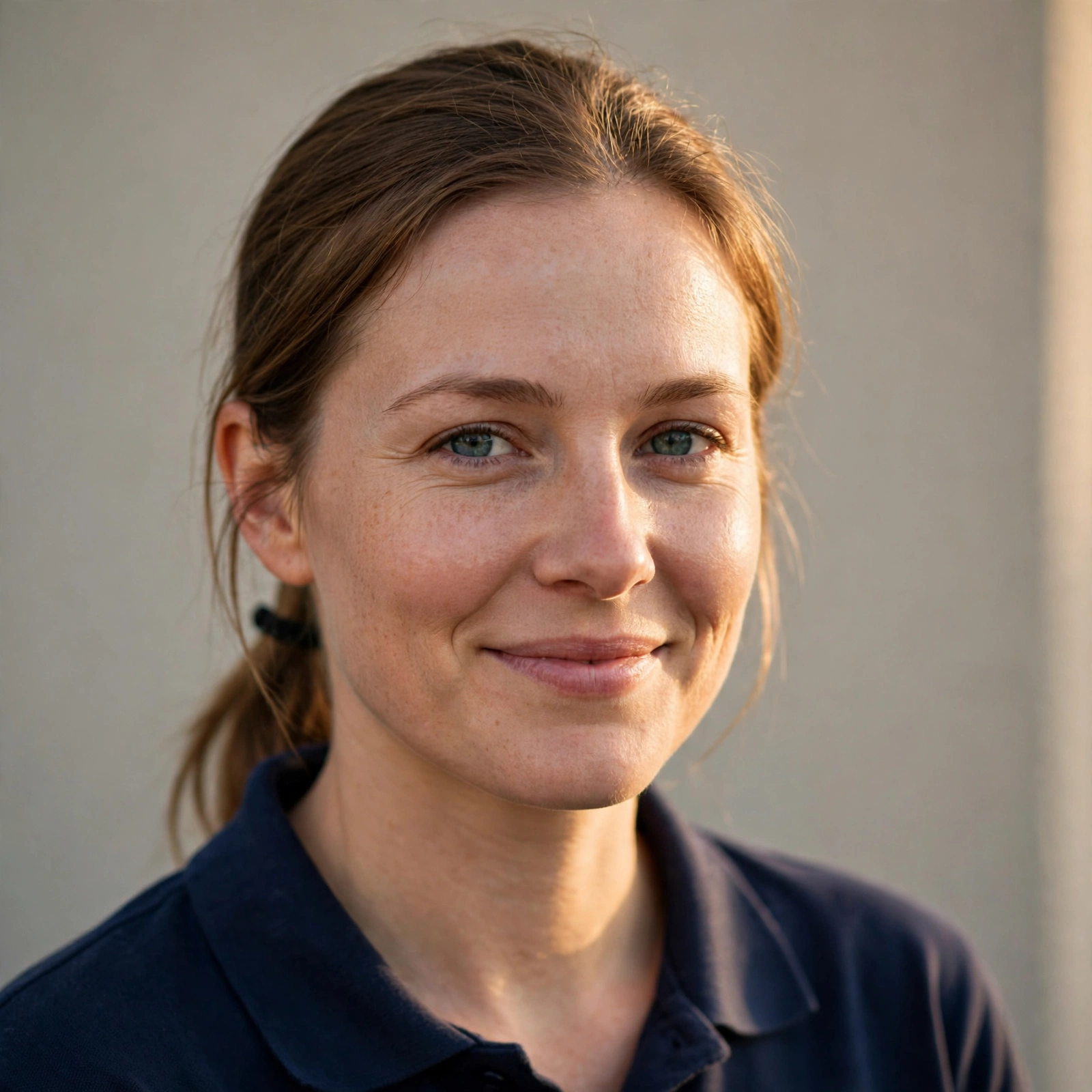 Sam, heating engineer at Aire Plumbing and Heating, a friendly woman in her thirties wearing a plain navy polo