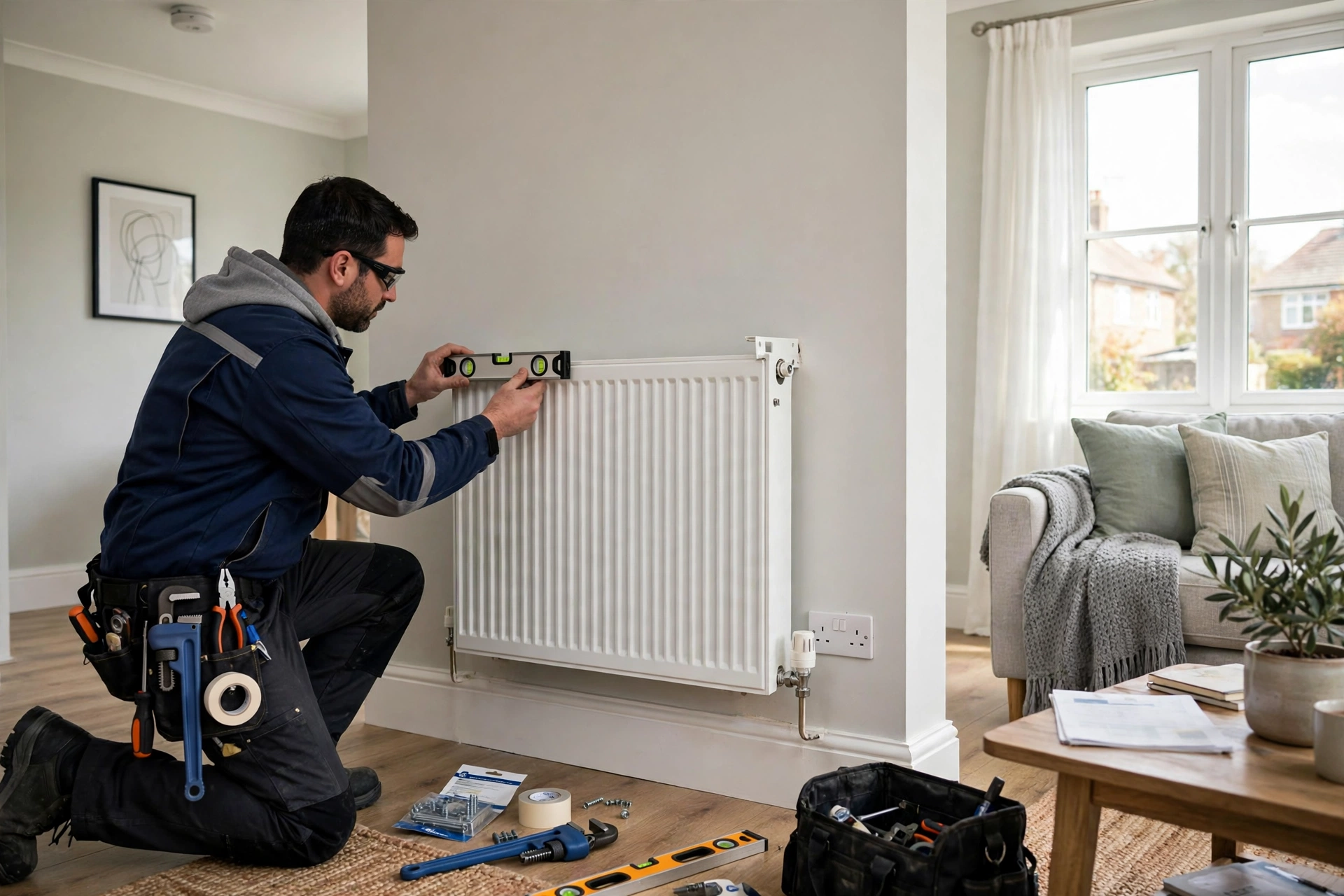 Anthracite column radiator connected with thermostatic chrome valves
