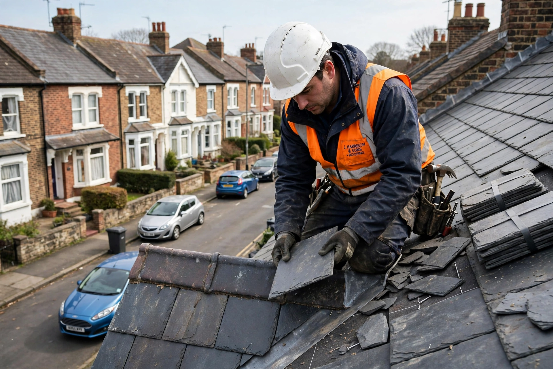 Roofer inspecting slate tiles on a residential pitched roof in Essex
