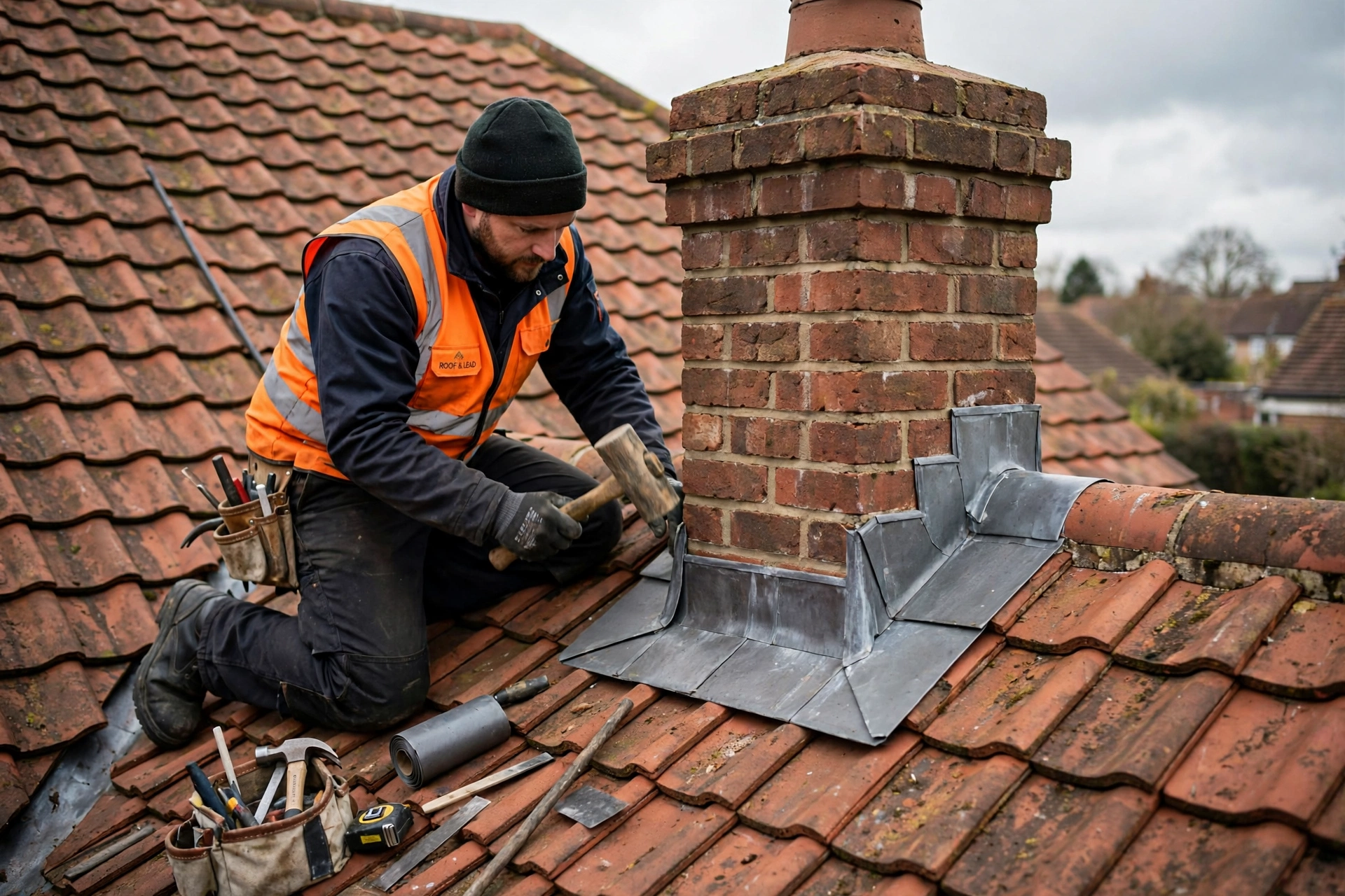 Fresh lead flashing installed around a brick chimney