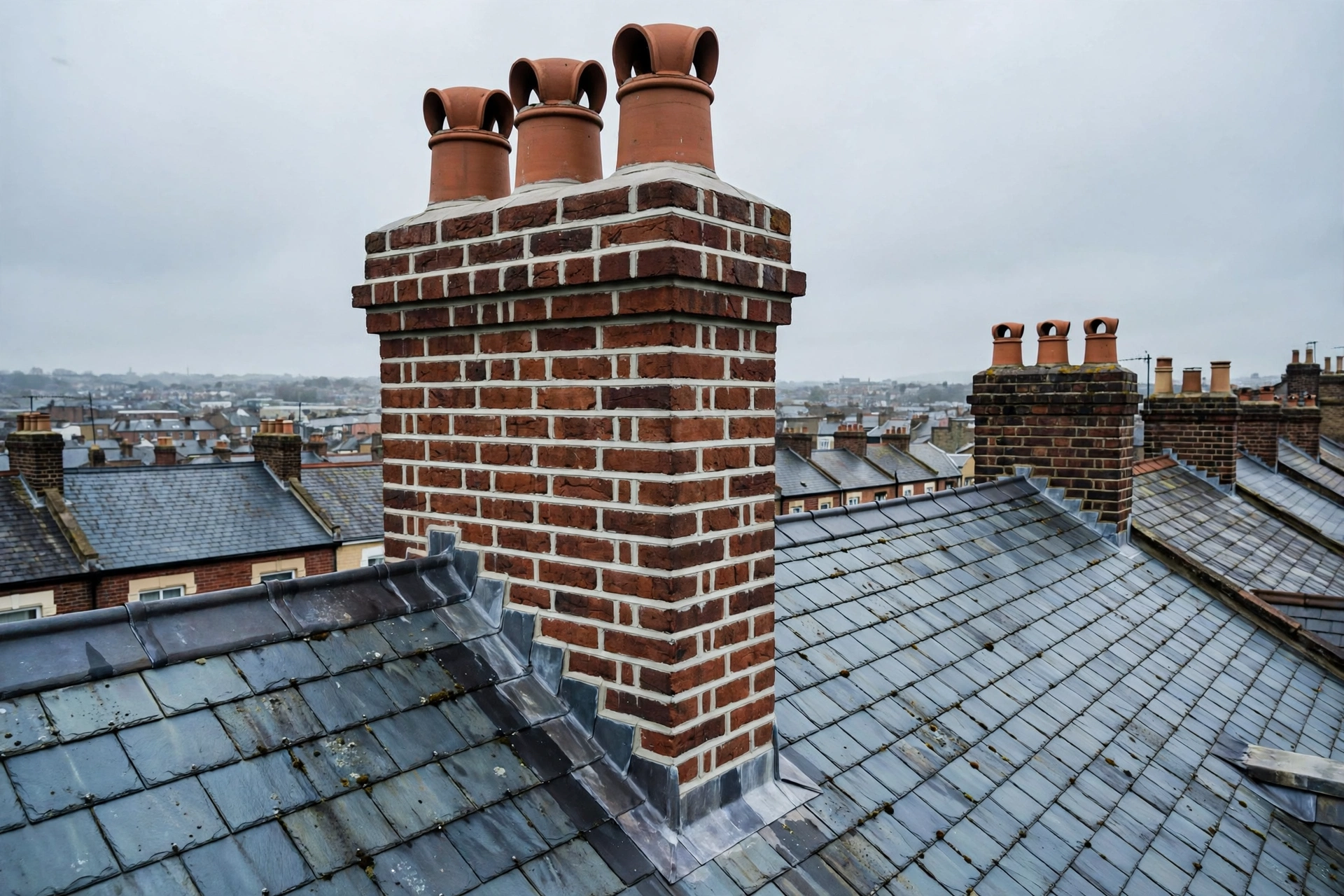 A brick chimney stack with freshly repointed mortar and new lead flashing at its base on a Newcastle terrace roof