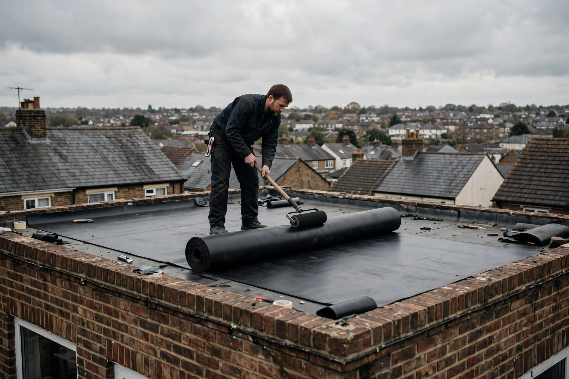 A roofer rolling black EPDM rubber membrane across the flat roof of a brick rear extension in Newcastle